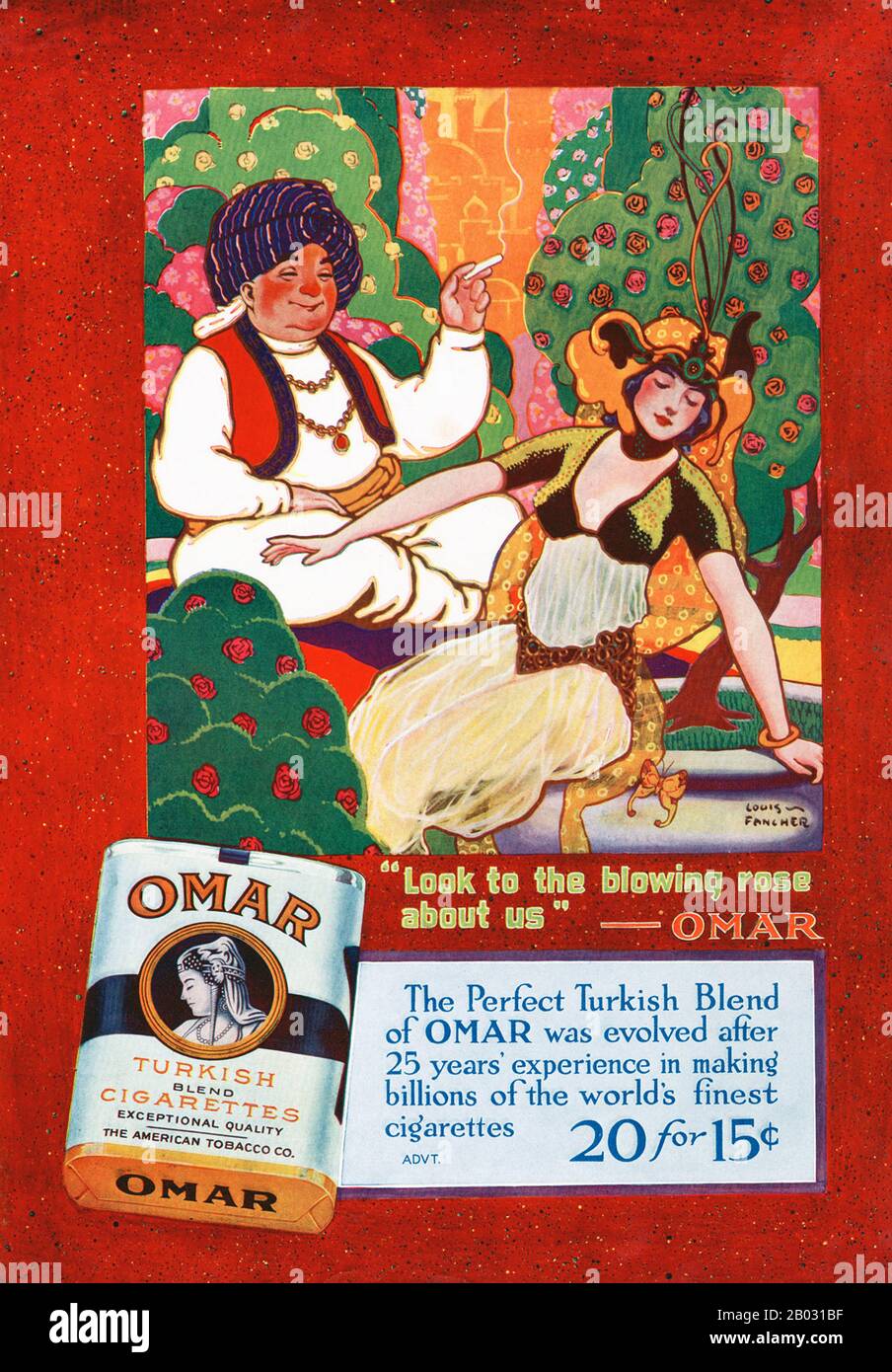 Au début des années 1900, les fabricants de cigarettes turques et égyptiennes ont triplé leurs ventes et sont devenus des concurrents légitimes des grandes marques. En 1911, l'American Tobacco Company a introduit Omar, une cigarette turque de qualité supérieure, afin de concurrencer d'autres grandes marques turques comme Murad. La cigarette a été nommée d'après le poète perse médiéval Omar Khayyam, qui a connu une résurgence de popularité de 1900 à 1930. Les publicités pour Omar cigarettes ont fait référence au célèbre poème de Khayyam, le Rubaiyat , et ont porté sur des thèmes de plaisir, de loisirs et de luxe. Banque D'Images