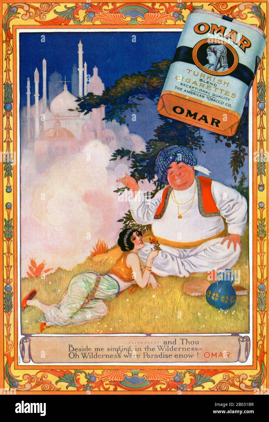 Au début des années 1900, les fabricants de cigarettes turques et égyptiennes ont triplé leurs ventes et sont devenus des concurrents légitimes des grandes marques. En 1911, l'American Tobacco Company a introduit Omar, une cigarette turque de qualité supérieure, afin de concurrencer d'autres grandes marques turques comme Murad. La cigarette a été nommée d'après le poète perse médiéval Omar Khayyam, qui a connu une résurgence de popularité de 1900 à 1930. Les publicités pour Omar cigarettes ont fait référence au célèbre poème de Khayyam, le Rubaiyat , et ont porté sur des thèmes de plaisir, de loisirs et de luxe. Banque D'Images