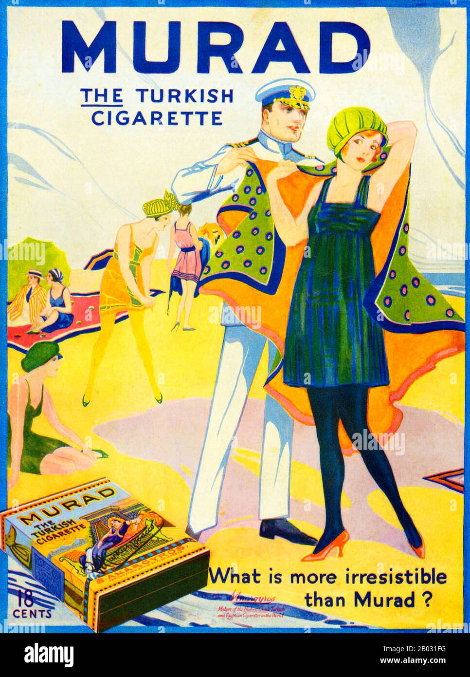 Au début des années 1900, les fabricants de cigarettes turques et égyptiennes ont triplé leurs ventes et sont devenus de grands concurrents des grandes marques. Le tobacconiste grec de New York Soterios Anargyros a produit des cigarettes Murad laminées à la main, faites de tabac turc pur. Beaucoup des publicités Murad d'autres ont incorporé des motifs Orientalistes ou des modèles habillés en robe du Moyen-Orient. Banque D'Images