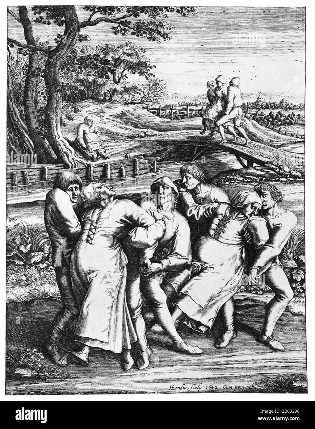 La manie dansante (également connue sous le nom de peste dansante, de choréomanie, de danse St John's et, historiquement, de danse Saint-Vitus) était un phénomène social qui s'est produit principalement en Europe continentale entre les XIVe et XVIIe siècles. Il a impliqué des groupes de personnes dansant de manière erratique, parfois des milliers à la fois. La manie a touché les hommes, les femmes et les enfants, qui dansaient jusqu'à ce qu'ils s'écroulent de l'épuisement. L'une des premières grandes épidémies a été à Aix-la-Chapelle, en Allemagne, en 1374, et elle s'est rapidement propagée dans toute l'Europe; une épidémie particulièrement notable s'est produite à Strasbourg en 1518, en France. Affectant des milliers de peop Banque D'Images
