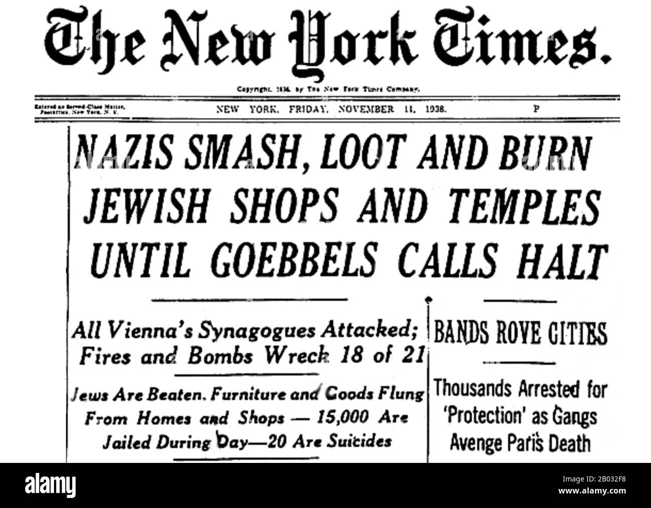 Kristallnacht ou "Crystal Night", également appelée la Nuit de verre Brisé, était un pogrom contre les juifs dans toute l'Allemagne nazie et l'Autriche qui a eu lieu du 9 au 10 novembre 1938, mené par les forces paramilitaires de sa (Sturmabteilung ou Brownshirts) et les civils allemands. Les autorités allemandes ont examiné sans intervenir. Le nom de Kristallnacht vient des barons de verre brisé qui ont jonché les rues après que les magasins, les bâtiments et les synagogues appartenant à des Juifs avaient leurs fenêtres écrasées. Banque D'Images