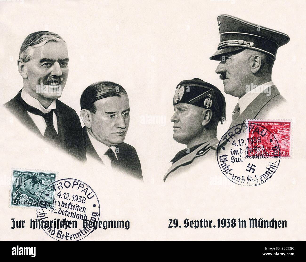 L'accord de Munich était un accord permettant l'annexion par l'Allemagne nazie de certaines parties de la Tchécoslovaquie le long des frontières du pays, principalement habitées par des locuteurs allemands, pour lesquelles une nouvelle désignation territoriale "Pays-Bas" a été inventée. L'accord a été négocié lors d'une conférence tenue à Munich, en Allemagne, entre les principales puissances européennes, à l'exclusion de l'Union soviétique et de la Tchécoslovaquie. Aujourd'hui, elle est largement considérée comme un acte manqué d'apaisement envers l'Allemagne nazie. Banque D'Images