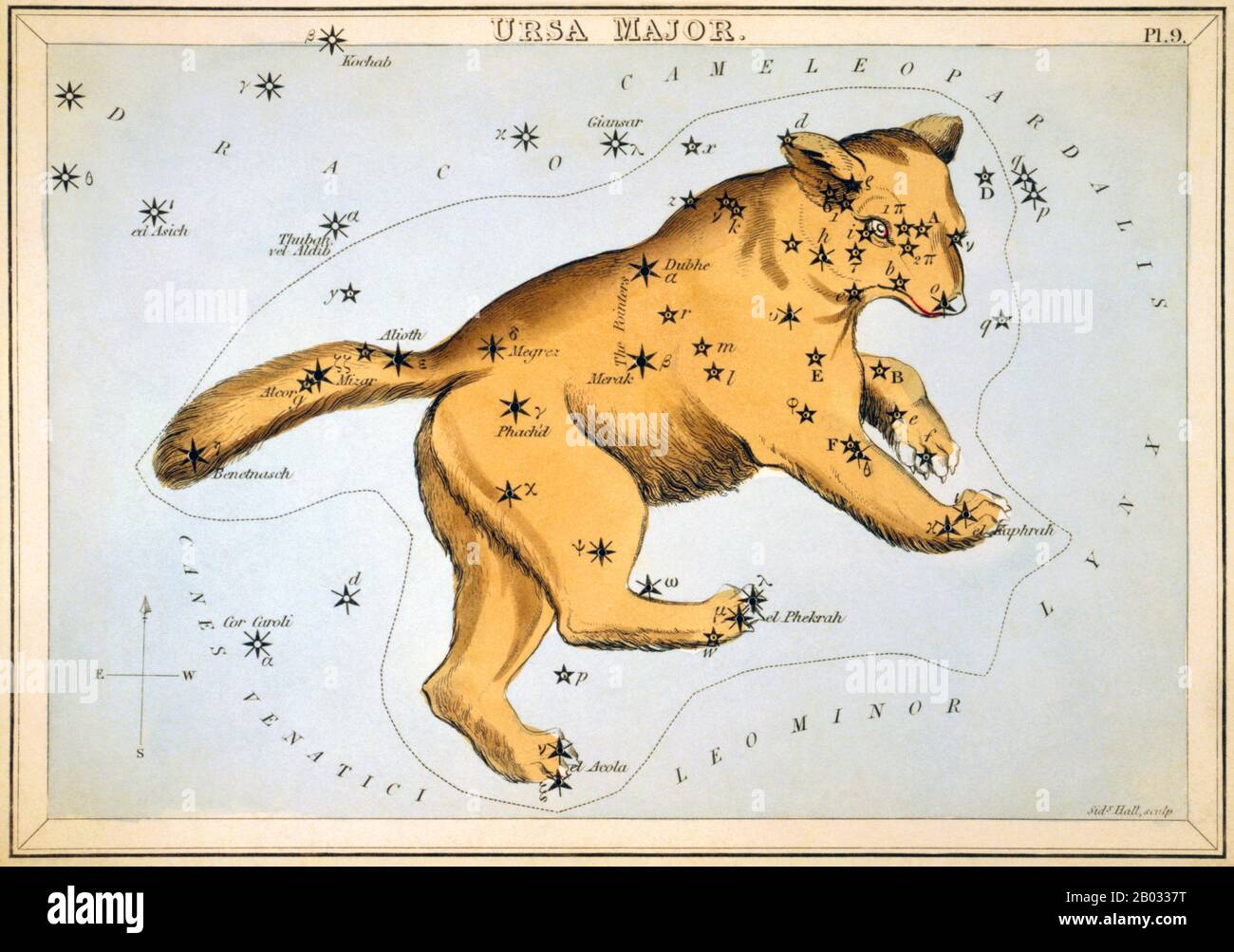 Urania's Mirror; ou, une vue des Cieux est un ensemble de 32 cartes astronomiques de cartes à étoiles, publiées pour la première fois en novembre 1824. Ils avaient des illustrations basées sur l'Atlas céleste d'Alexander Jamieson, mais l'ajout de trous perforés les a permis de les tenir jusqu'à une lumière pour voir une représentation des étoiles de la constellation. Ils ont été gravés par Sidney Hall, et auraient été conçus par une dame, mais ont depuis été identifiés comme le travail du révérend Richard Rouse Bloxam, un maître adjoint à l'école de Rugby. La couverture de la boîte-set a montré une représentation d'Urania, la muse de l'astronomie, an Banque D'Images