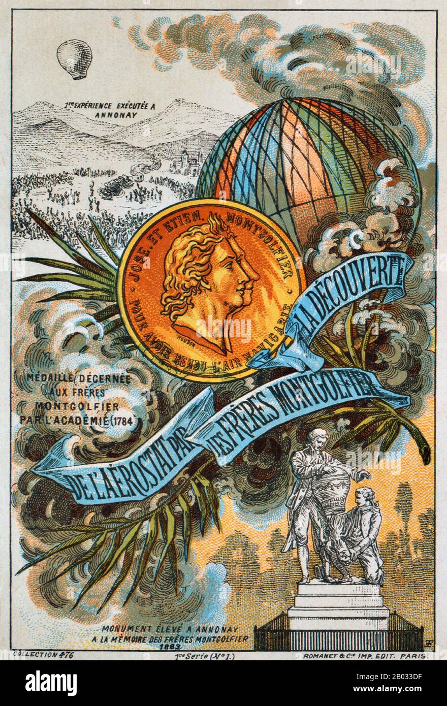 Un ballon est conceptuellement le plus simple de toutes les machines volantes. Le ballon est une enveloppe en tissu remplie d'un gaz plus léger que l'atmosphère environnante. Comme l'ensemble du ballon est moins dense que son environnement, il monte, en prenant avec lui un panier, attaché en dessous, qui transporte les passagers ou la charge utile. Bien qu'un ballon n'ait pas de système de propulsion, un degré de contrôle directionnel est possible en faisant monter ou descendre le ballon en altitude pour trouver des directions favorables du vent. Banque D'Images