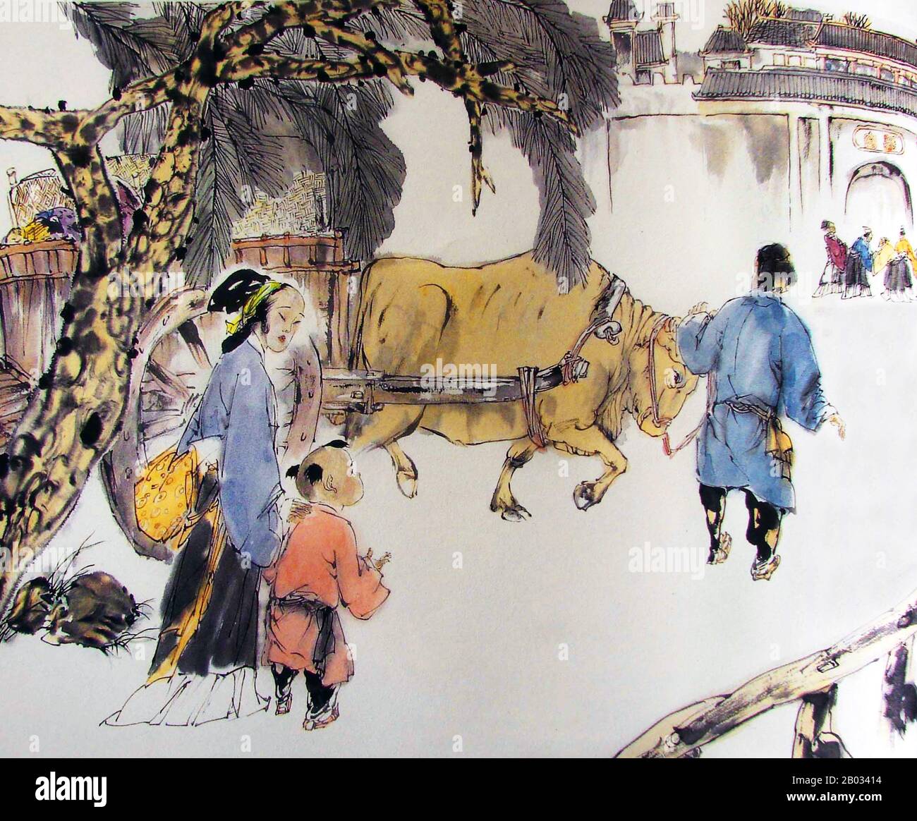 Mencius était philosophe au 4ème siècle BCE. Il était le Confucien le plus célèbre après Confucius. Il y a beaucoup d'histoires sur la mère de Mencius qui représentent l'importance de respecter ses parents dans le confucianisme. L'une des principales histoires est appelée Les Trois Mouvements. L'histoire est au sujet de sa mère se déplaçant trois fois pour trouver le bon endroit pour l'éducation de ses enfants. Ils se sont finalement installés dans une maison près d'une école pour que Mencius puisse obtenir une bonne éducation. Mencius ne voulait pas beaucoup se déplacer, mais il a obéi aux choix de sa mère jusqu'à ce qu'elle ait trouvé la bonne maison montrant l'importance Banque D'Images