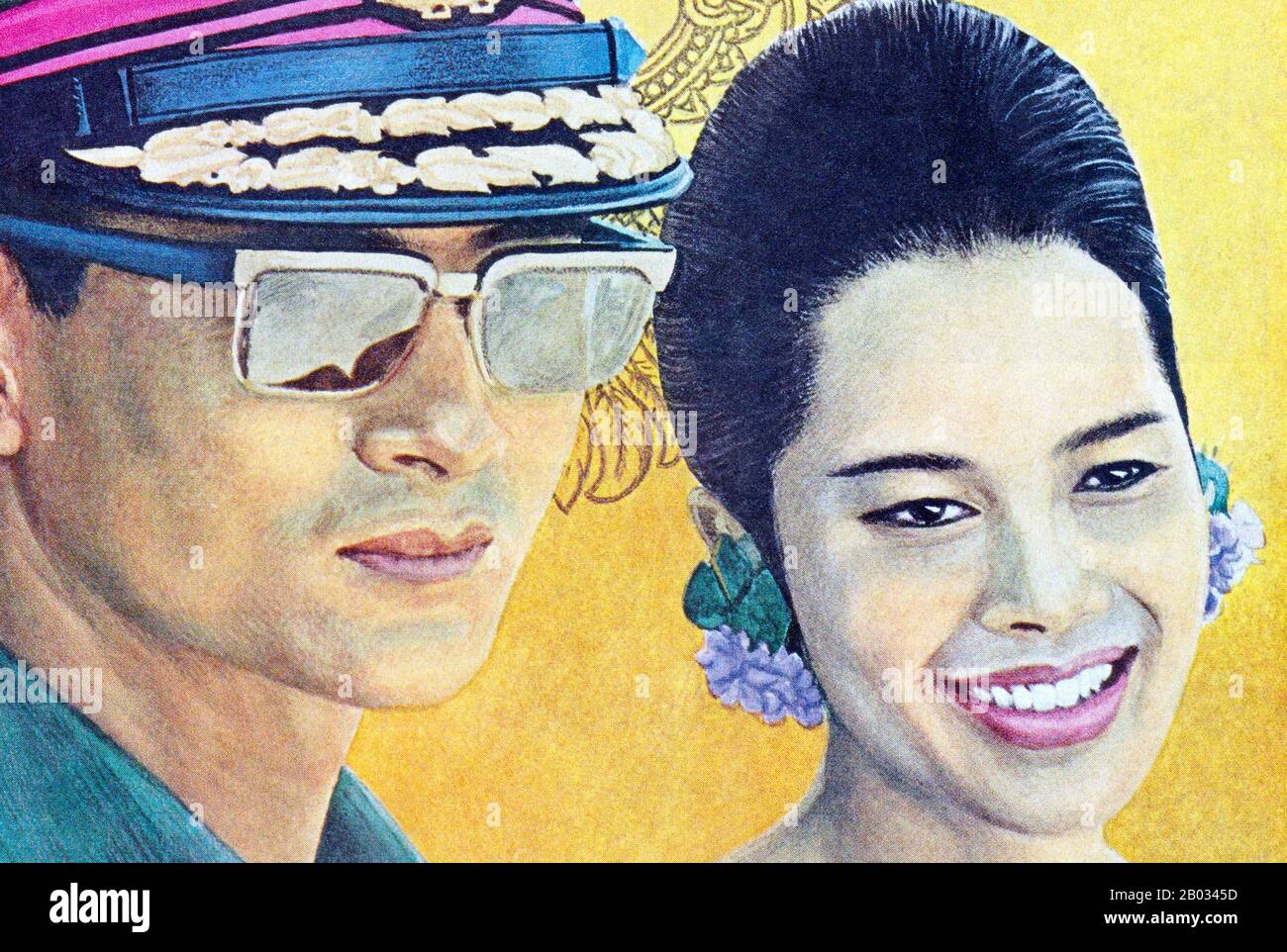 HM King Bhumibol Adulyadej (Institut Royal: Phumiphon Adunyadet, né le 5 décembre 1927) est le roi de Thaïlande actuel. Il est connu sous le nom de Rama IX Ayant régné depuis le 9 juin 1946, il est le plus long chef d'État au monde et le plus long monarque régnant de l'histoire thaïlandaise. Il est dépeint avec sa femme, HM Queen Sirikit, né maman Rajawongse Sirikit Kitiyakara le 12 août 1932. Ils ont été mariés le 28 avril 1950. Banque D'Images
