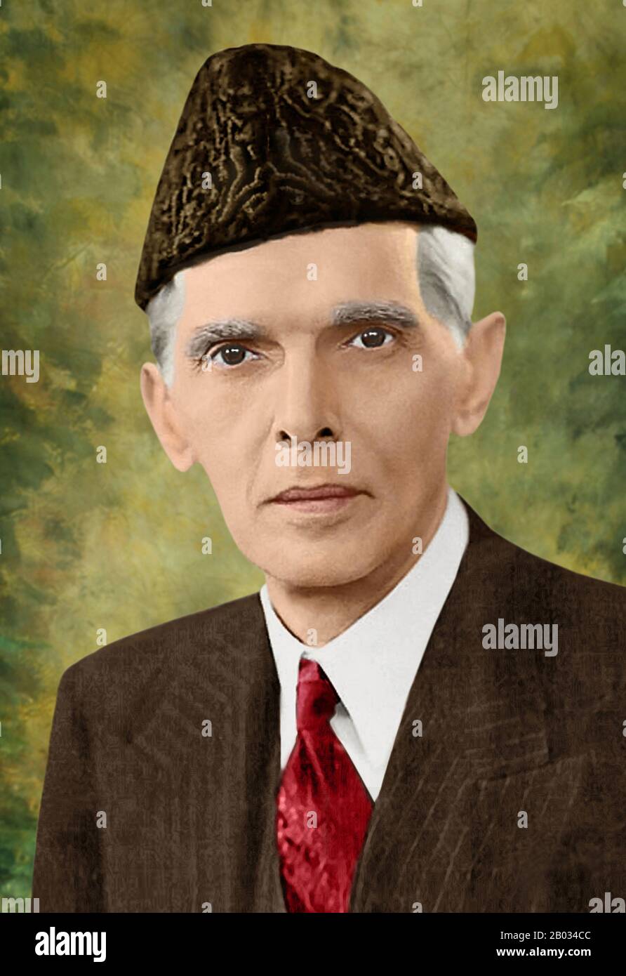 Muhammad Ali Jinnah (25 décembre 1876 – 11 septembre 1948) était avocat, politicien, homme d'État et fondateur du Pakistan au XXe siècle. Il est populairement et officiellement connu au Pakistan sous le nom de Quaid-e-Azam (Grand leader). Jinnah est décédée à 71 ans en septembre 1948, un peu plus d'un an après que le Pakistan ait obtenu son indépendance de l'Empire britannique. Banque D'Images
