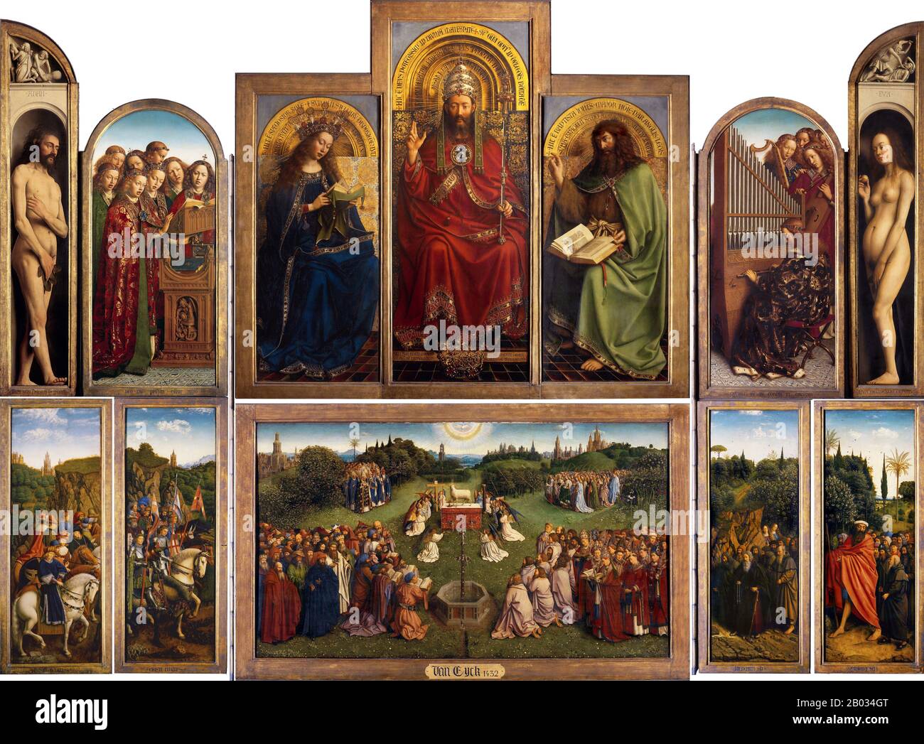 L'Altarpette de Gand (aussi appelée adoration de l'agneau mystique ou l'agneau de Dieu, néerlandais: Het Lam Gods) est une très grande et complexe peinture de panneaux polytyques flamands du XVe siècle. Commandé et conçu comme un retable, il comprend 12 panneaux, dont huit volets à charnière peints de chaque côté, donnant deux vues distinctes selon qu'ils sont ouverts ou fermés. À l'exception des dimanches et fêtes, les ailes extérieures étaient fermées et recouvertes de tissu. Il a été commencé par Hubert van Eyck qui était le plus probablement responsable de la conception globale, mais il est mort en 1426. Probablement, le Banque D'Images