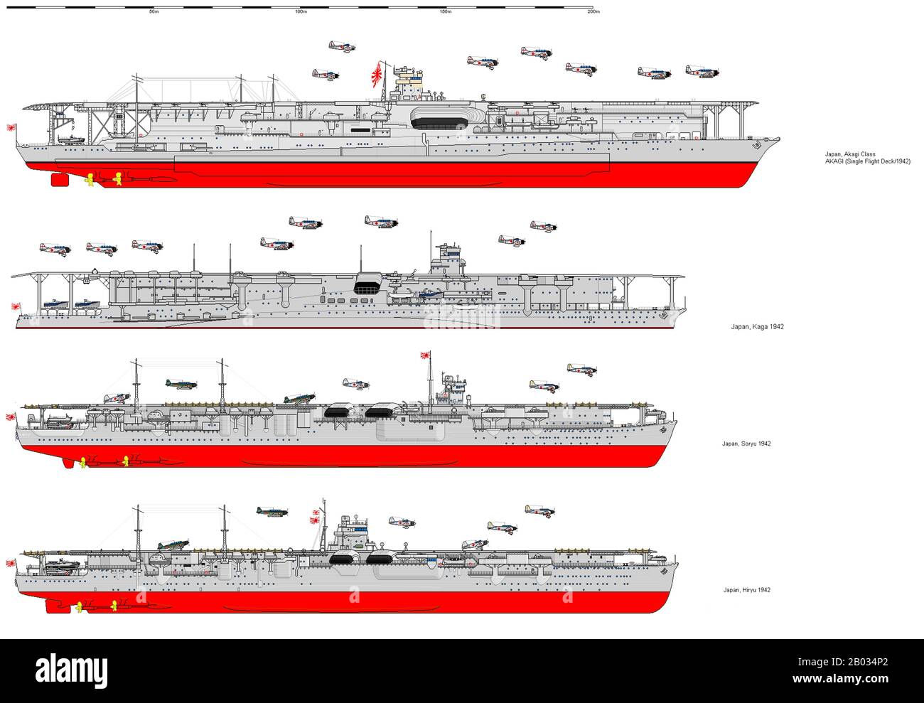 Le porte-avions de la Marine impériale japonaise Akagi a été construit entre 1920 et 1927 et servi entre 1927 et 1942. L'Akagi a participé à l'attaque de Pearl Harbor en décembre 1941 et a été coulé à la bataille de Midway en juin 1942. Le porte-avions de la Marine impériale japonaise Kaga a été construit entre 1920 et 1928 et a été desservi entre 1928 et 1942. La Kaga a participé à l'attaque de Pearl Harbor en décembre 1941, et a été coulé à la bataille de Midway en juin 1942. Le porte-avions de la Marine impériale japonaise Soryu a été construit entre 1934 et 1937, et desservi entre Banque D'Images