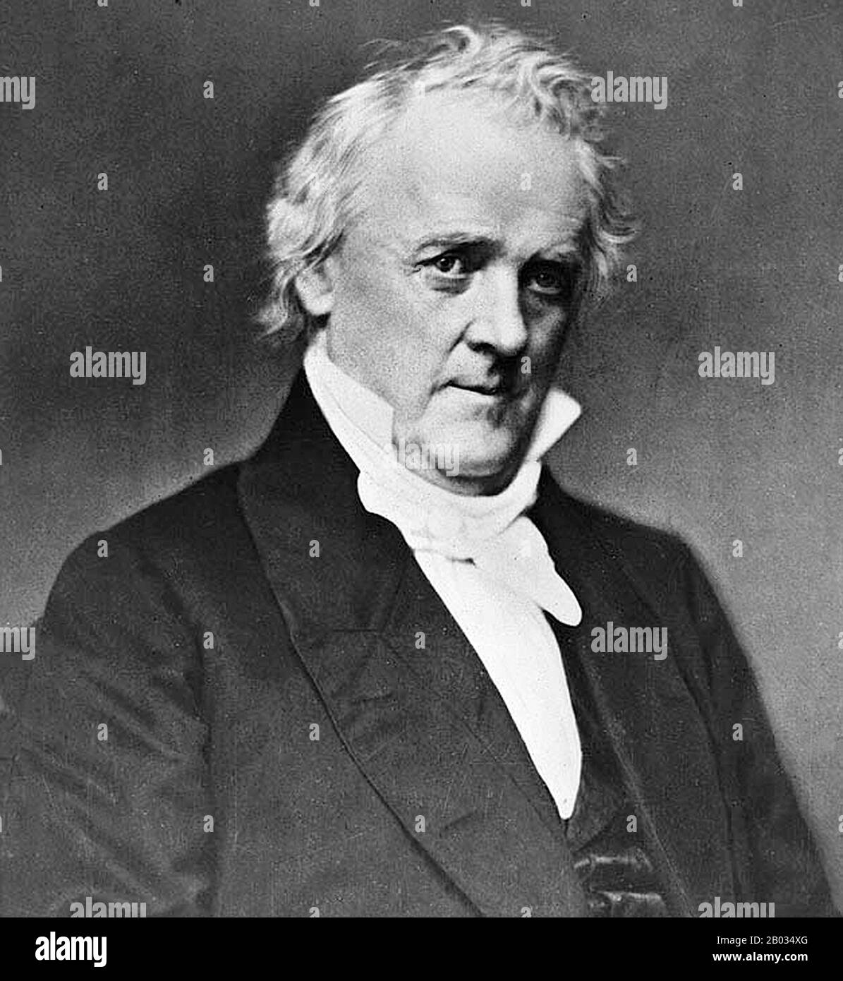 James Buchanan, Jr. (23 avril 1791 – 1er juin 1868) était le 15ème président des États-Unis (1857–1861), servant immédiatement avant la guerre civile américaine. Il a représenté la Pennsylvanie à la Chambre des Représentants des États-Unis et, plus tard, le Sénat, a ensuite été ministre en Russie sous la présidence d'Andrew Jackson. Il a été nommé secrétaire d'État sous la présidence de James K. Polk et, à compter de 2016, il est le dernier ancien secrétaire d'État à être président des États-Unis. Après que Buchanan a proposé de siéger à la Cour suprême, le président Franklin Pierce l'a nommé ambassadeur t Banque D'Images