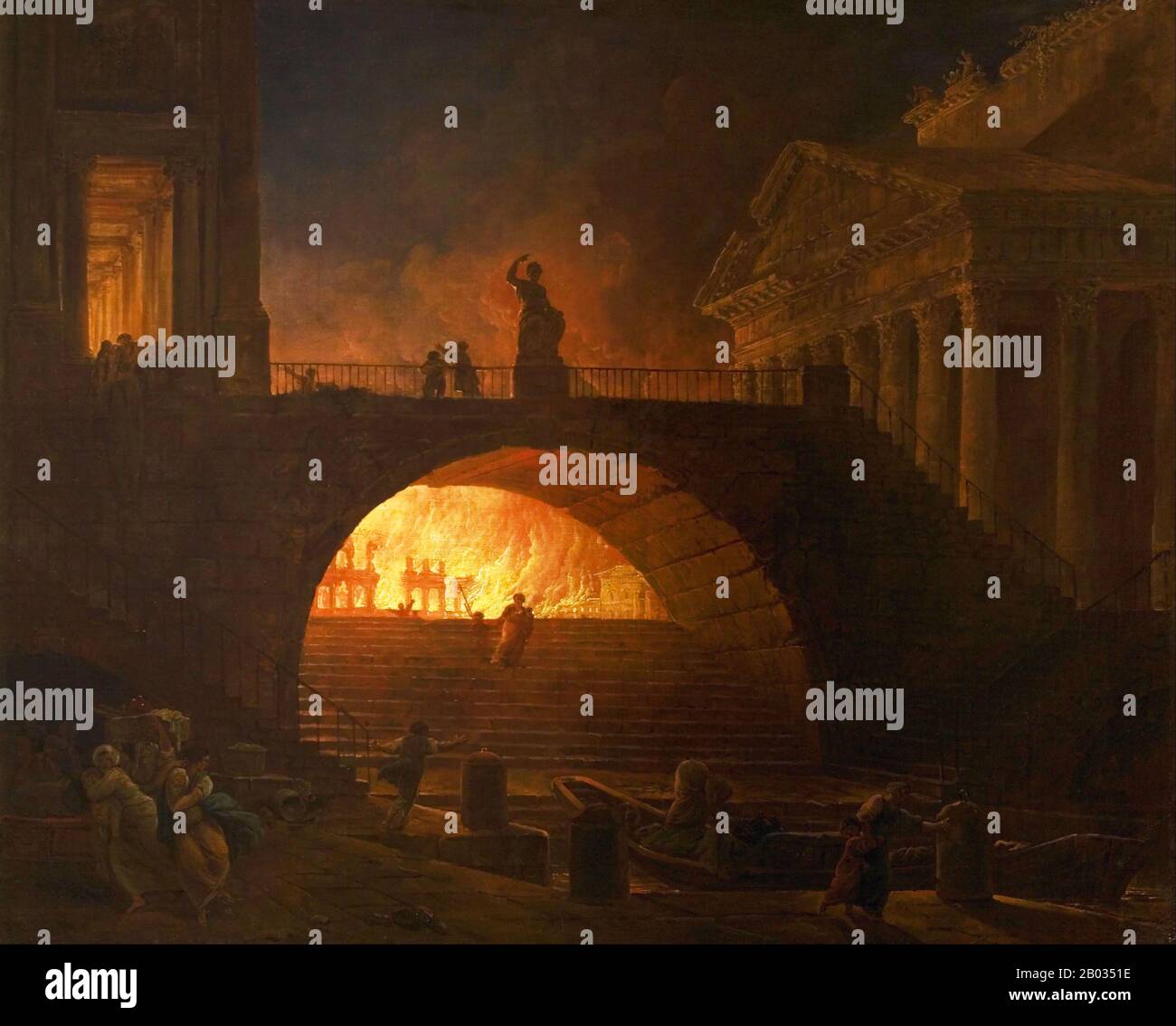 Le Grand incendie de Rome fut un incendie urbain qui a débuté entre le 18 et le 19 juillet 64 ce, sous le règne de l'empereur Nero. Il a provoqué une destruction généralisée dans toute la ville, brûlant pendant plus de six jours. De nombreux comptes prétendent que Nero était responsable de l'amorce du feu, de créer de l'espace pour construire son nouveau complexe palatial, le Domus Aurea. En réponse aux accusations, Nero a accusé le feu de la communauté chrétienne de Rome, ce qui a entraîné la première persécution organisée contre le christianisme dans l'empire. Banque D'Images