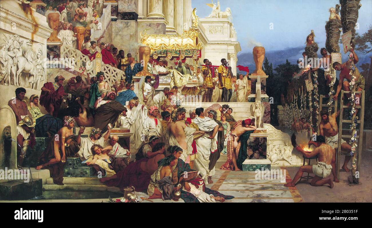 Le Grand incendie de Rome fut un incendie urbain qui a débuté entre le 18 et le 19 juillet 64 ce, sous le règne de l'empereur Nero. Il a provoqué une destruction généralisée dans toute la ville, brûlant pendant plus de six jours. De nombreux comptes prétendent que Nero était responsable de l'amorce du feu, de créer de l'espace pour construire son nouveau complexe palatial, le Domus Aurea. En réponse aux accusations, Nero a accusé le feu de la communauté chrétienne de Rome, ce qui a entraîné la première persécution organisée contre le christianisme dans l'empire. Banque D'Images