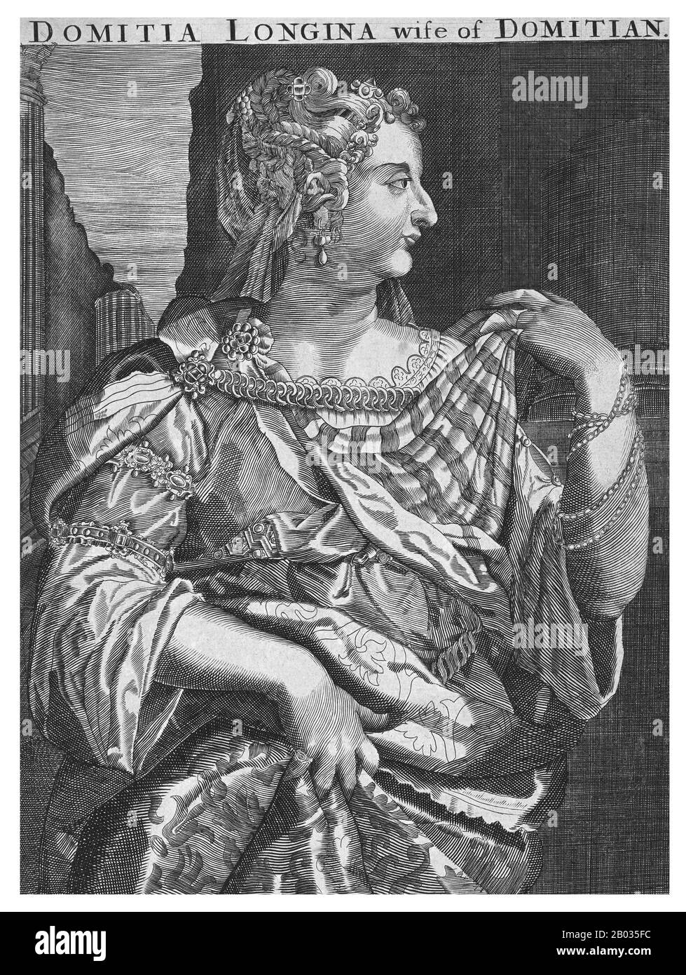 Domitia Longina (53/55-126/130 ce) était épouse de Domitian et impératrice de Rome. Elle a divorcé son mari précédent, Lucius Aelius Lamia, pour épouser Domitian en 71 ce, et ensemble ils avaient un fils. Sa mort précoce les a fait dériver pendant un certain temps, avec Domitian exilant brièvement Domitia pour ne pas produire un autre héritier. Il l'a vite rappelée cependant, et malgré les rumeurs de Domitian ayant une relation inceste avec sa nièce Julia Flavia, on dit que Domitia a continué de vivre dans le palais sans incident. Elle a survécu à l'assassinat de Domitian en 96 ce et est décédée pacifiquement Banque D'Images