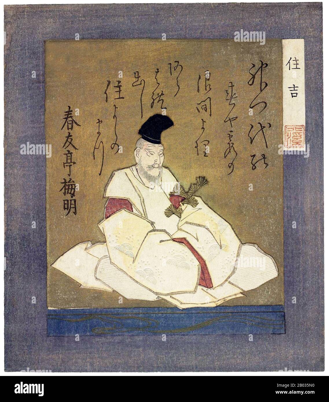 Sumiyoshi sanjin est le nom générique des trois dieux de Shinto Sokotsutsu no o no Mikoto, Nakatsutsu no o no Mikoto et Uwatsutsu no o no Mikoto. Les Sumiyoshi sanjin sont considérés comme les dieux de la mer et de la voile. Ils sont parfois appelés Sumiyoshi daijin. Totoya Hokkei était un auteur japonais de printMaker et illustrateur de livre. Il a d'abord étudié la peinture avec Kano Yosen (1735-1808), le chef de la branche Kobikicho de l'école Kano et okaeshi (peintre officiel) au shogunat Tokugawa. Avec Teisai Hokuba (1771-1844), Hokkei était l'un des meilleurs étudiants de Katsushika Hokusai Banque D'Images