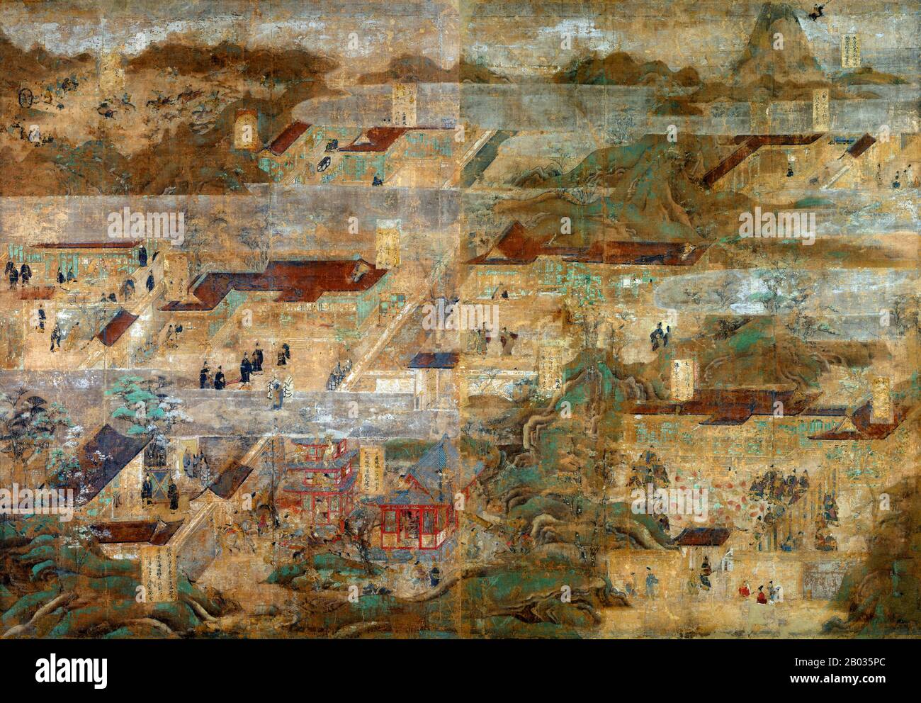 Cet ensemble de peintures est la plus ancienne et la plus grande biographie illustrée du prince Regent Shotoku (574-622). Il décrit les lieux et les événements liés au récit traditionnel de sa vie, découlant de la vénération du prince qui a commencé dans la période Nara (710-794). Ces peintures étaient à l'origine sur des portes fixes qui ordaient la salle D'Exposition dans la Cité de l'est du Temple Horyu-ji. Ils ont été remountés comme écrans autonomes dans la période Edo (1615-1868), et ces derniers temps ont été remountés sur dix panneaux. Les archives nous disent que Hata no Chitei, un artiste de la province de Settsu (presen Banque D'Images