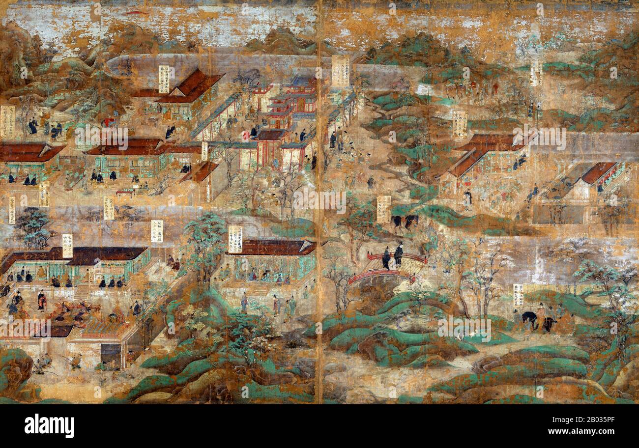 Cet ensemble de peintures est la plus ancienne et la plus grande biographie illustrée du prince Regent Shotoku (574-622). Il décrit les lieux et les événements liés au récit traditionnel de sa vie, découlant de la vénération du prince qui a commencé dans la période Nara (710-794). Ces peintures étaient à l'origine sur des portes fixes qui ordaient la salle D'Exposition dans la Cité de l'est du Temple Horyu-ji. Ils ont été remountés comme écrans autonomes dans la période Edo (1615-1868), et ces derniers temps ont été remountés sur dix panneaux. Les archives nous disent que Hata no Chitei, un artiste de la province de Settsu (presen Banque D'Images