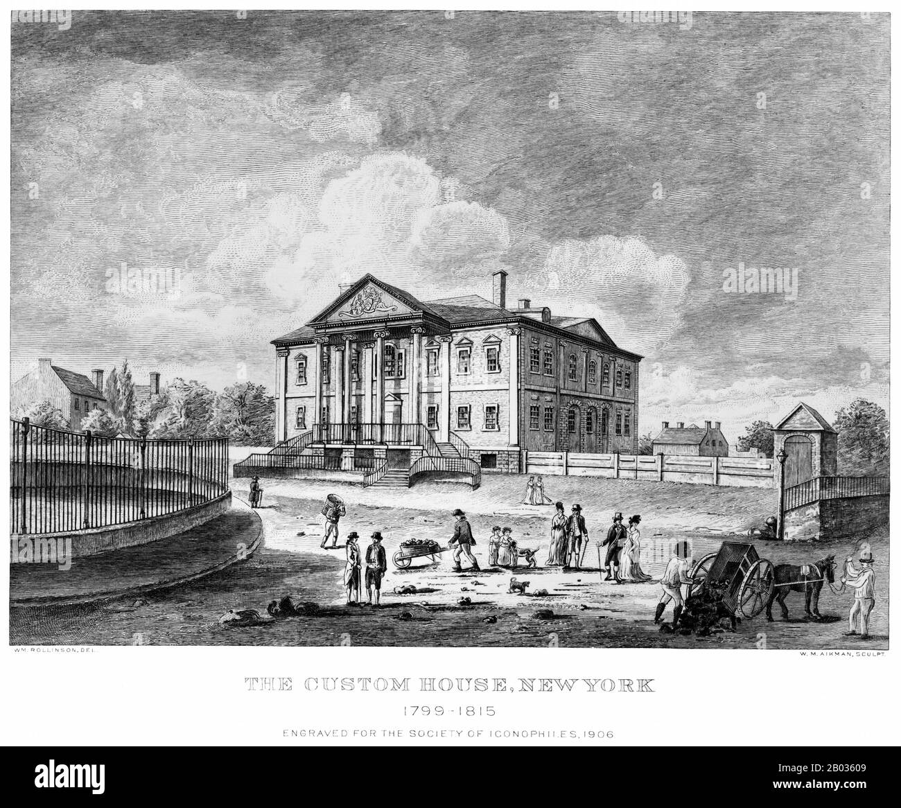 La Maison personnalisée des États-Unis, parfois appelée la Maison personnalisée de New York, était l'endroit où les droits de douane fédéraux sur les marchandises importées ont été perçus à New York. La maison personnalisée existait à plusieurs endroits au fil des ans. De 1790 à 1799, il se trouvait au sud de William Street, en face de Mill Lane, connu sous le nom de 5 Mill Street. De 1799 à 1815, c'était à la Chambre du gouvernement, à peu près sur l'ancien site de fort Amsterdam. A partir de 1842, il était au 26 Wall Street dans un nouveau bâtiment conçu par John Frazee; ce bâtiment est maintenant le Federal Hall National Memorial. À partir de 1862, c'était dans l'E du commerçant Banque D'Images