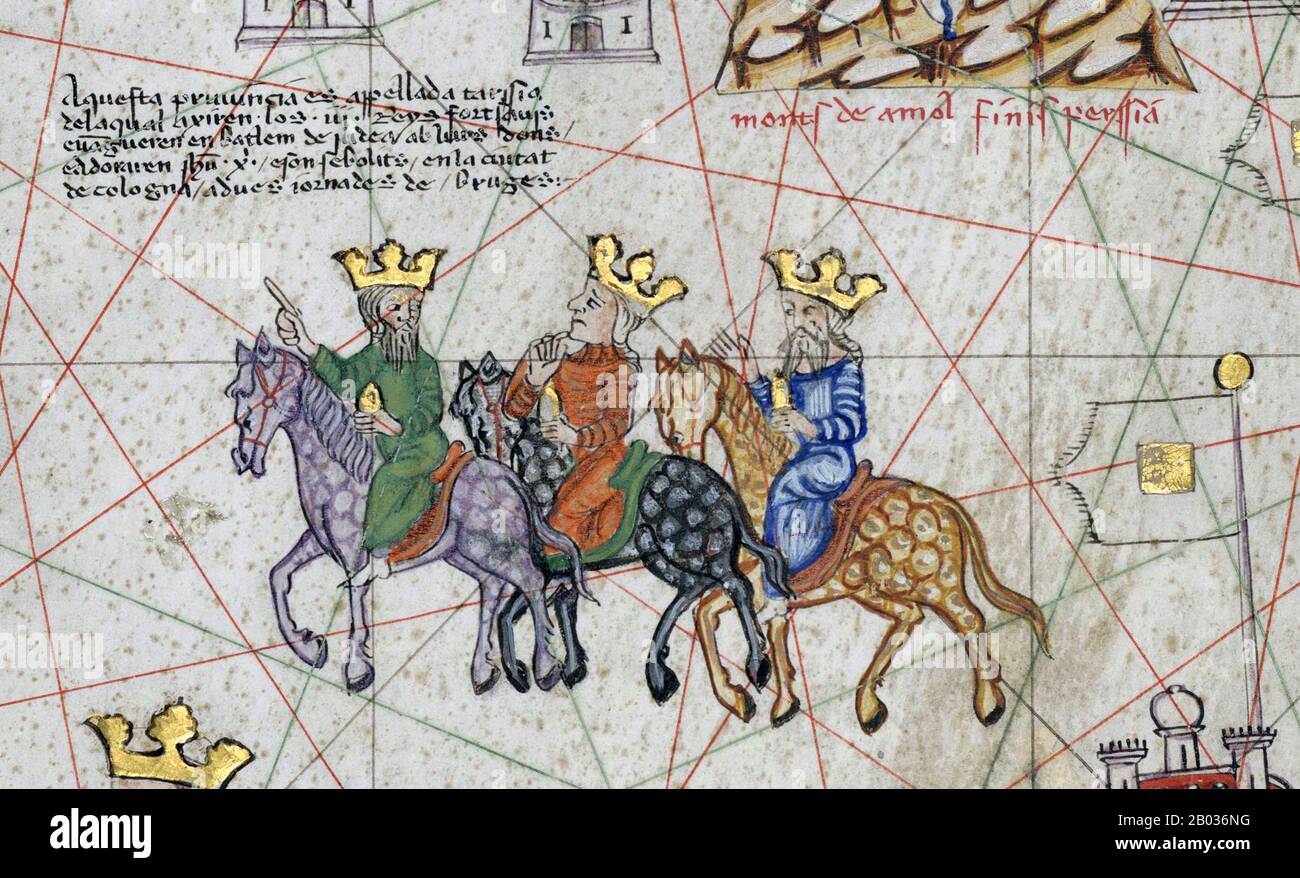 Les Mages, également appelés Les Trois Sages ou Les Trois Rois, étaient, dans l'Évangile de Matthieu et de la tradition chrétienne, un groupe d'étrangers distingués qui ont visité Jésus après sa naissance, avec des dons d'or, d'encens et de myrrhe. Ce sont des figures régulières dans les comptes traditionnels des célébrations de la nativité de Noël et sont une partie importante de la tradition chrétienne. Le Nouveau Testament ne donne pas les noms des Mages. Cependant, les traditions et les légendes identifient une variété de noms différents pour eux. Dans l'église chrétienne occidentale, ils ont tous été considérés comme des saints et sont des commo Banque D'Images