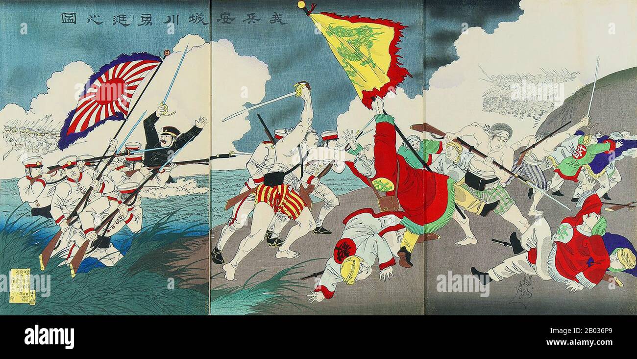 La première guerre sino-japonaise (du 1er août 1894 au 17 avril 1895) a été menée sous le contrôle de la dynastie Qing et de l'Empire japonais, principalement sur la péninsule coréenne. En Chine, la guerre est communément connue sous le nom de guerre de Jiawu, tandis qu'au Japon elle est appelée guerre Japon-Qing, et en Corée, la guerre Qing-Japon. La guerre a duré 8 mois au total et a connu plus de six mois de victoires et de succès sans rupture de la part des forces terrestres et navales japonaises contre l'armée chinoise supérieure mais militairement inférieure. Les Japonais ont fini par prendre le contrôle de la ville portuaire chinoise de Weihaiwei et forcé le Q Banque D'Images