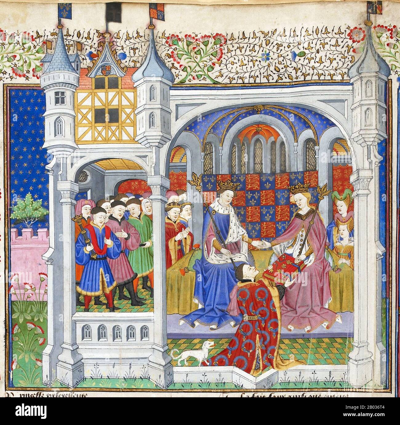 Le Talbot Shrewsbury Book (Londres, British Library Royal 15 E vi) est un très grand manuscrit richement éclairé réalisé à Rouen (Normandie) en 1444/5. Il a été présenté par John Talbot, premier comte de Shrewsbury (d. 1453) à la princesse française, Margaret d'Anjou (1430 - 1482), en l'honneur de son fitrothal au roi Henry VI (r. 1422-1461). Il contient une collection unique de quinze textes en français, y compris des chansons de geste, des romances chevalriques, des traités sur la guerre et la chevalerie, et enfin les Statues de l'ordre du Garter. Le travail est un excellent exemple de la production de livres à Rouen au milieu Banque D'Images