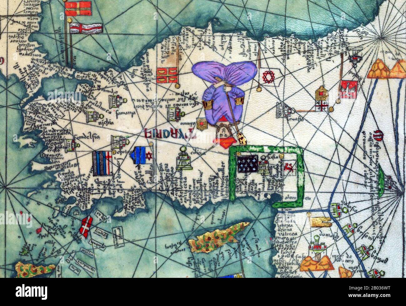 L'Atlas catalan (1375) est la carte catalane la plus importante de la période médiévale. Il a été produit par l'école cartographique Majorcan et est attribué à Cresques Abraham, un illuminateur de livre juif qui a été auto-décrit comme étant un maître des cartes du monde ainsi que des compas. Il est situé dans la bibliothèque royale de France (aujourd'hui la Bibliothèque nationale de France) depuis la fin du XIVe siècle. Banque D'Images