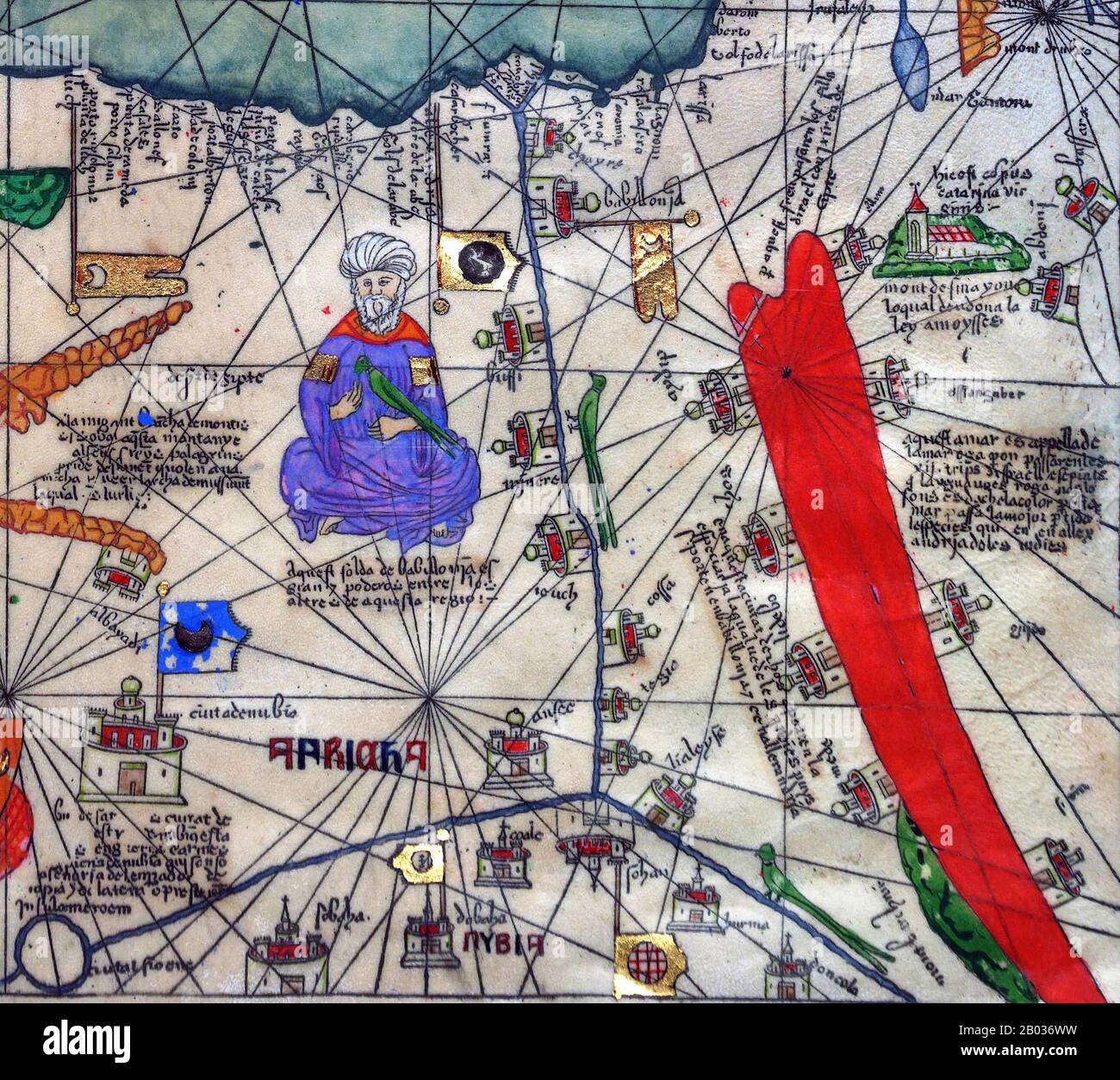 L'Atlas catalan (1375) est la carte catalane la plus importante de la période médiévale. Il a été produit par l'école cartographique Majorcan et est attribué à Cresques Abraham, un illuminateur de livre juif qui a été auto-décrit comme étant un maître des cartes du monde ainsi que des compas. Il est situé dans la bibliothèque royale de France (aujourd'hui la Bibliothèque nationale de France) depuis la fin du XIVe siècle. Banque D'Images