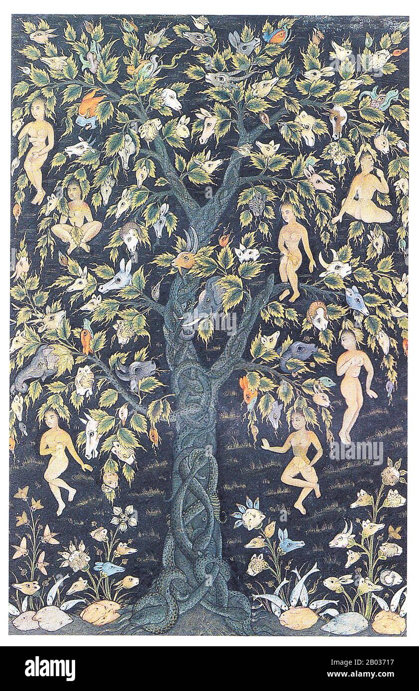 Le Waqwaq est un arbre géant qui porte des fruits humanoïdes dans le minerai indo-persan. Il est similaire au Jinmenju japonais, un autre arbre De Type humain. Le Waqwaq est un arbre Oraculaire persan, originaire de l'Inde, dont les branches ou les fruits deviennent chefs d'hommes, de femmes ou d'animaux monstrueux (selon la version), tous criant 'Waq-Waq'. Dans le monde islamique, il y a une légende sur un arbre fabuleux sur l'île de Waq Waq Waq, qui a des fruits sous forme de personnages humains, ou des têtes qui parlent et font des prophéties. Alexandre le Grand aurait rencontré un tel arbre de parole avec des fruits humains. Banque D'Images