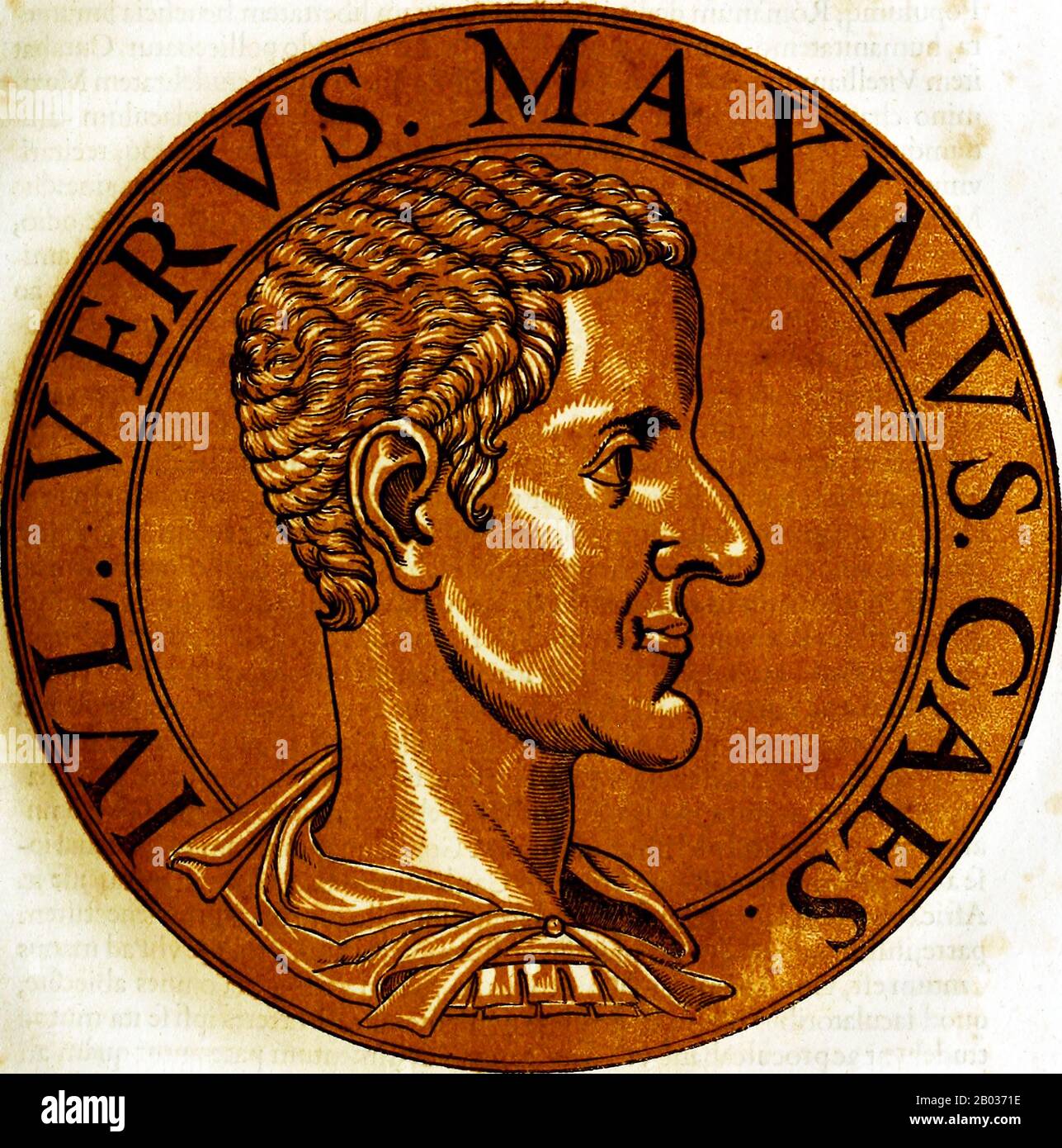 Gaius Julius Verus Maximus (217/220-238), parfois connu à tort sous le nom de Gaius Julius Verus Maximinus ou Maximinus le plus jeune, était le fils de l'empereur Thraco-romain Maximinus Thrax. Maximus a été nommé César en 236, mais a eu peu de pouvoir réel jusqu'à ce qu'il ait été assassiné aux côtés de son père en 238 par la Garde prétorienne, pendant le siège d'Aquileia. Banque D'Images