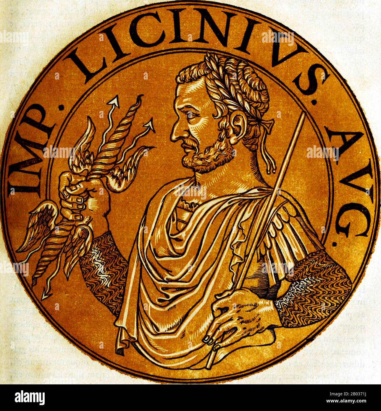 Licinius (263-325) est né d'une famille paysanne et était un ami de l'enfance proche du futur empereur Galerius, devenant un proche confident de Galerius et confié aux provinces orientales quand Galerius s'est rendu à traiter l'usurier Maxentius. Galerius a élevé Licinius au co-empereur, Auguste en Occident, en 308, bien qu'il ait personnellement eu le contrôle sur les provinces de l'est. Après que les empereurs Maxentius et Maximinus II ont formé une alliance, Licinius a été forcé de conclure un accord formel avec Constantin I, épousant sa demi-sœur Flavia Julia Constantia. Il a combattu contre les forces de Maximinus Banque D'Images