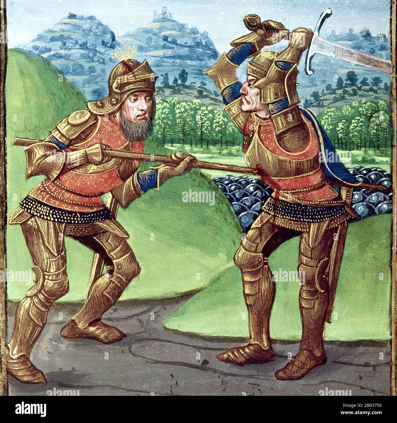 À la bataille de Camlann, Arthur charge Mordred et l'impale avec une lance. Mais avec le dernier de sa force, Mordred impales lui-même encore plus loin, pour arriver à distance frappante du roi Arthur, puis donne un coup mortel à la tête d'Arthur. Banque D'Images