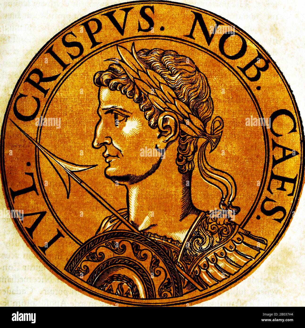 Crispus (299/305-326) était le premier fils né et héritier initial de l'empereur Constantin I et de sa première épouse Minervina. Quand son père a dû finalement mettre de côté Minervina pour épouser Fausta pour des raisons politiques, il n'a pas écarté son fils mais a continué à s'occuper de lui et aurait nommé Crispus son héritier. Crispus a été déclaré César en 317, prince de l'empire, et a été fait commandant de Gaule. Il a dirigé de nombreuses campagnes militaires victorieuses contre l'Alamanni et les Francs, assurant ainsi la présence romaine en Gaule et en Germania. Il a également combattu aux côtés de son frère contre l'empereur hostile Licinius Banque D'Images