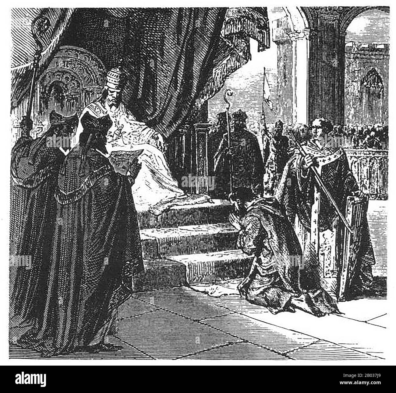 Louis I (778-840), également connu sous le nom de Louis le pieux, Louis la Foire et Louis le Débonaire, était le seul fils adulte survivant de l'empereur Charlemagne et Hildegard. Louis a gouverné d'Aquitaine, accusé par son père de défendre la frontière sud-ouest de l'empire contre les musulmans d'Espagne. Il conquit Barcelone en 801 et affirma la domination du Frankish sur Pampelune et les Basques au sud des Pyrénées en 812. Il a été nommé co-empereur et roi des Francs par son père en 813, avant de devenir unique dirigeant en 814. Quand il est devenu unique empereur, il a nommé ses fils adultes Lothair, Pepin et Louis Banque D'Images