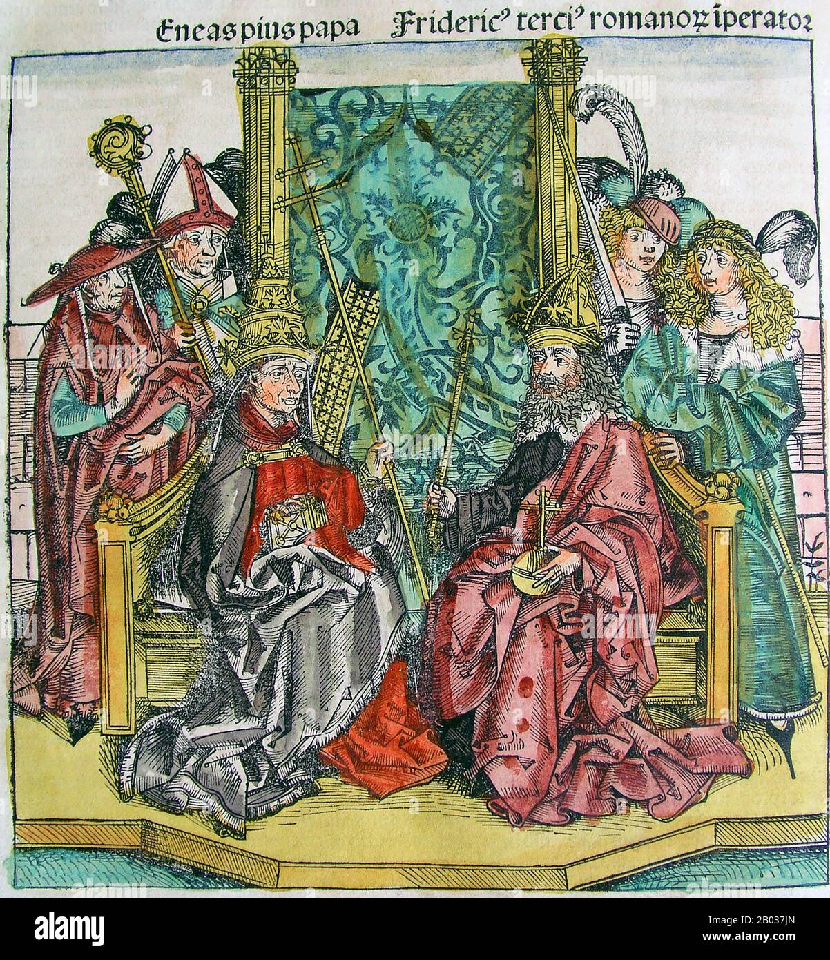 Frederick III (1415-1493), aussi connu sous le nom de Frederick The Fat et Frederick The Paisible, était le fils aîné du duc autrichien intérieur Ernest The Iron, membre de la dynastie des Habsbourg. Il est devenu duke de l'Autriche intérieure en 1424 à l'âge de neuf ans, mais ne lui sera pas accordé la règle jusqu'en 1435, avec son jeune frère Albert affirmant ses droits en tant que co-dirigeant. En 1439, Frederick était devenu le chef incontesté de la dynastie des Habsbourg. Frederick était le cousin de feu le roi Albert II et fut élu roi d'Allemagne en 1440. Il s'est rendu en Italie en 1452 pour recevoir sa mariée et être couronné Saint Roman Em Banque D'Images