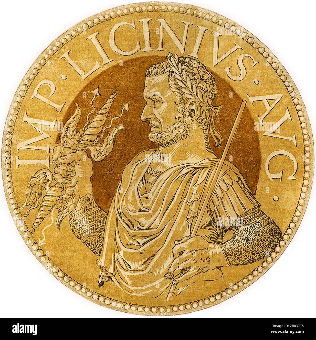 Licinius (263-325 ce) est né d'une famille paysanne et était un ami de l'enfance proche du futur empereur Galerius, devenant un proche confident de Galerius et confié aux provinces orientales lorsque Galerius s'est rendu à traiter avec l'usurier Maxentius. Galerius a élevé Licinius au co-empereur, Auguste en Occident, en 308, bien qu'il ait personnellement eu le contrôle sur les provinces de l'est. Après que les empereurs Maxentius et Maximinus II ont formé une alliance, Licinius a été forcé de conclure un accord formel avec Constantin I, épousant sa demi-sœur Flavia Julia Constantia. Il a combattu contre le forc de Maximinus Banque D'Images