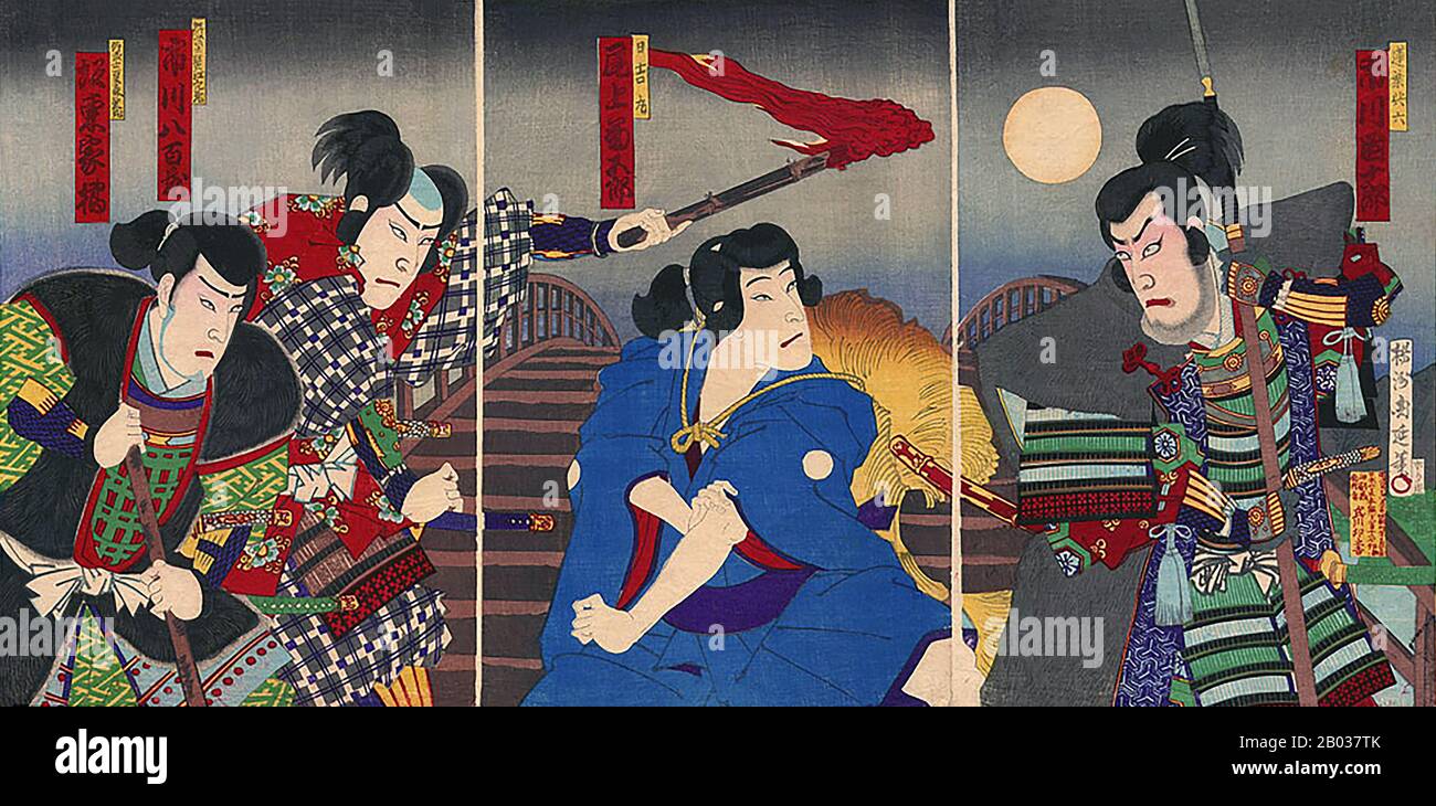 Toyohara Chikanobu, mieux connu pour ses contemporains comme Yōshū Chikanobu, était un artiste prolifique de la période Meiji au Japon. Ses œuvres capturent la transition de l'âge du samouraï à la modernité Meiji. En 1875 (Meiji 8), il décide d'essayer de faire vivre un artiste. Il s'est rendu à Tokyo. Il a trouvé du travail comme artiste pour le Kaishin Shimbun. En outre, il a produit des œuvres d'art nishiki-e. Dans ses jours plus jeunes, il avait étudié l'école de peinture de Kanō; mais son intérêt a été tiré à ukiyo-e. Comme beaucoup d'artistes ukiyo-e, Chikanobu a tourné son attention vers une grande variété de sujets Banque D'Images