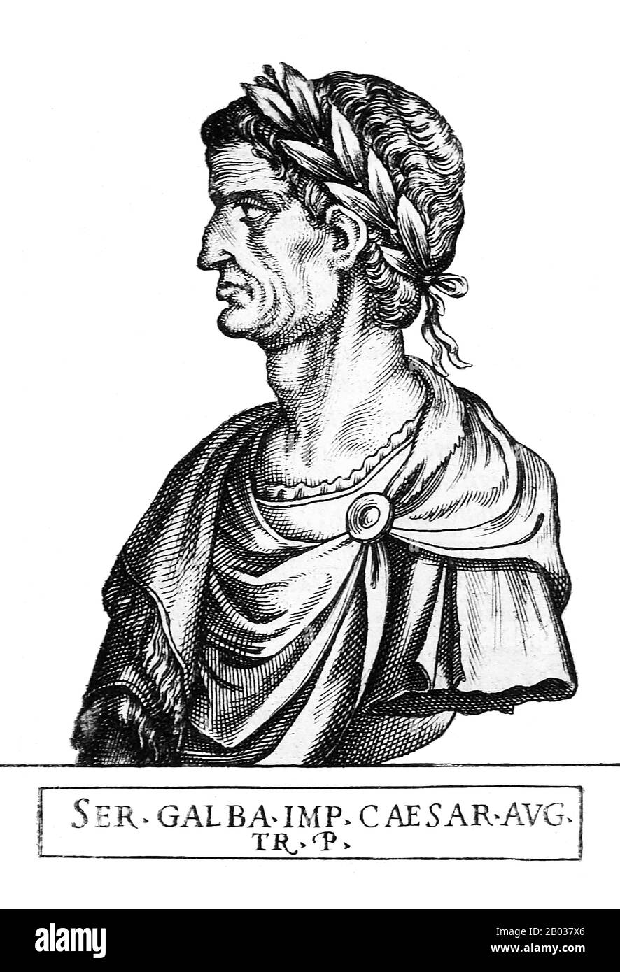 Né Servius Sulpicius Galba, Galba est venu d'une famille noble et riche, bien qu'il n'ait pas de connexion à la naissance et seulement d'une connexion très éloignée par adoption à l'une des dynasties Julio-Claudian. Refusant l'encouragement des amis à faire une offre pour l'empire après l'assassinat de Caligula, Galba a loyalement servi Claudius, et a vécu pour la plupart du règne de Nero en retraite. Cependant, en 68 ce, il a été informé de l'intention de Nero de le faire tuer, et il a fait défection de Nero pour se sauver. Après le suicide de Nero, Galba a été nommé César et tué de nombreux soldats sur son approche de Rome pour faire dem Banque D'Images