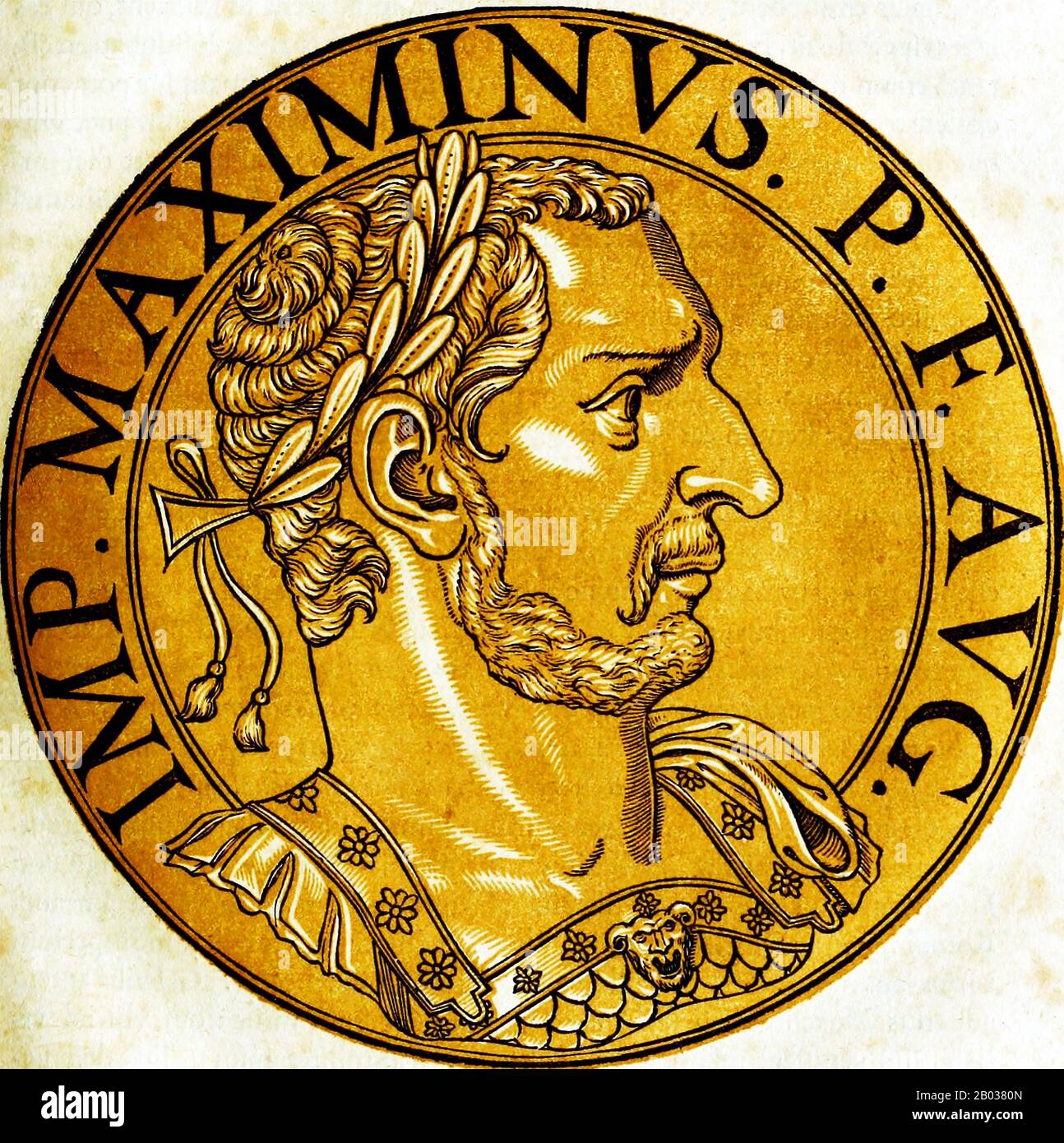 Maximinus II (270-313), également connu sous le nom de Maximinus Daia ou Maximinus Daza, était de la réserve paysanne et neveu de l'empereur Galerius. Il s'est joint à l'armée et s'est élevé à une grande distinction, finalement adopté par son oncle et élevé au rang de César, lui donnant le poste de gouverneur de la Syrie et de l'Egypte. Lorsque son oncle est mort en 311, Maximinus a divisé l'Empire oriental entre lui et le co-empereur Licinius. Cependant, quand Licinius a fait cause commune avec Constantin I, Maximinus a été forcé d'établir une alliance secrète avec l'usurier empereur Maxentius, qui contrôlait l'Italie. Il a fait la guerre ouverte avec Lic Banque D'Images