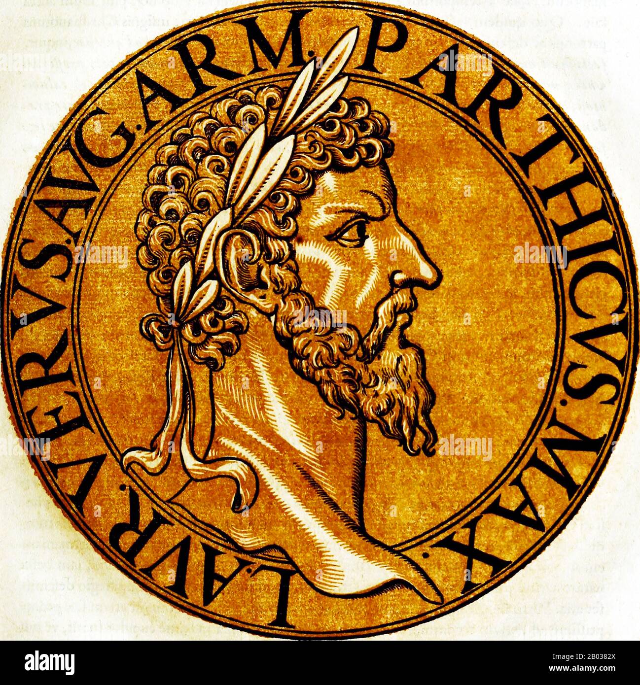 Né Lucius Ceionius Commodus (130-169) en 130, son nom a été modifié à Lucius Aelius Commodus quand son père a été adopté par Hadrien comme héritier. Lorsque le père de Lucius, qui a partagé le même nom, est décédé en 138 ce, Lucius a été adopté par Antoninus Pie aux côtés de Marcus Aurelius. Maintenant connu sous le nom de Lucius Aelius Aureius Commodus, Lucius deviendra finalement Lucius Verus après son ascension au co-empereur en 161, partageant le pouvoir avec Marcus Aurelius dans le cadre des demandes de ce dernier au Sénat romain quand il devint empereur. Pendant leur règne, l'Empire a vaincu un nouvel Empire parthien, en le dévaler Banque D'Images