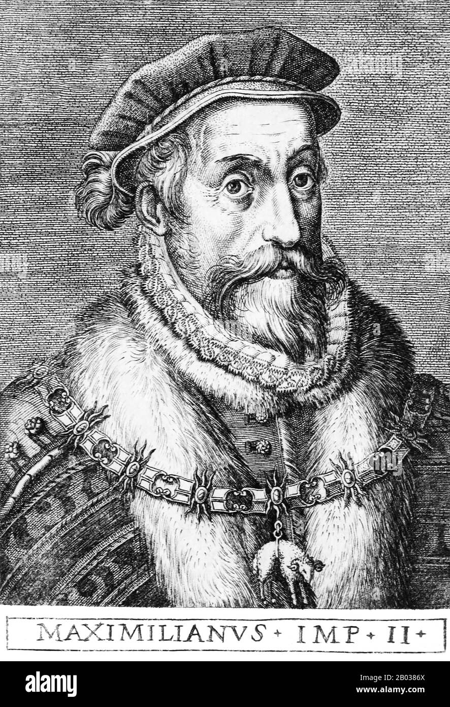 Maximilian II (1527-1576) était le fils de l'empereur Ferdinand I. Il a servi pendant les guerres italiennes en 1544, ainsi que la guerre Schmalkadic. Son oncle, l'empereur Charles V, l'a fait épouser son cousin et la fille de Charles Marie d'Espagne en 1548, et Maximilian a agi temporairement comme représentant de l'empereur en Espagne. Les questions de succession ont rapidement vu des ennuis se préparer entre les branches allemandes et espagnoles de la dynastie des Habsbourg, et on soupçonne que Maximilian a été empoisonné en 1552 par ceux de la ligue avec son cousin et son beau-frère, Philippe II La relation entre Maximilian et son cousin Banque D'Images