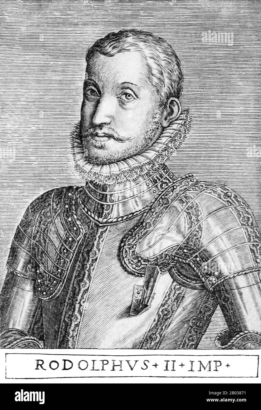 Rudolf II (1552-1612) était le fils aîné et successeur de l'empereur Maximilian II, et a passé huit années de formation dans la cour espagnole de son oncle maternel Philippe II, adoptant une manière ferme et alode typique de la noblesse espagnole plus conservatrice. Il est resté réservé et sécrétif pour le reste de sa vie, moins enclin aux affaires quotidiennes de l'État et plus intéressé par des études occultes telles que l'alchimie et l'astrologie. Rudolf est devenu roi de Hongrie et de Croatie en 1572, et au moment de la mort de son père en 1576, avait également hérité des couronnes bohémiennes, allemandes et romaines. Rudolf dangle h Banque D'Images