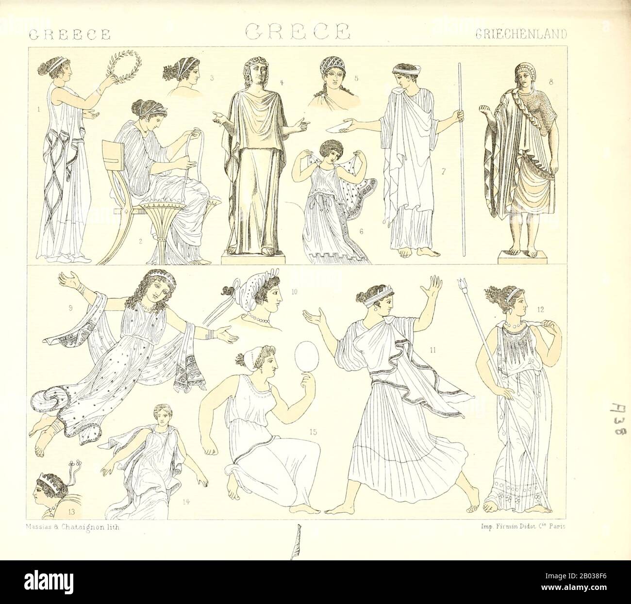 Ancienne Grèce mode et accessoires de Geschichte des kostüms dans chronologicher entwicklung (Histoire du costume dans le développement chronologique) par Racinet, A. (Auguste), 1825-1893. Et Rosenberg, Adolf, 1850-1906, Volume 1 imprimé à Berlin en 1888 Banque D'Images