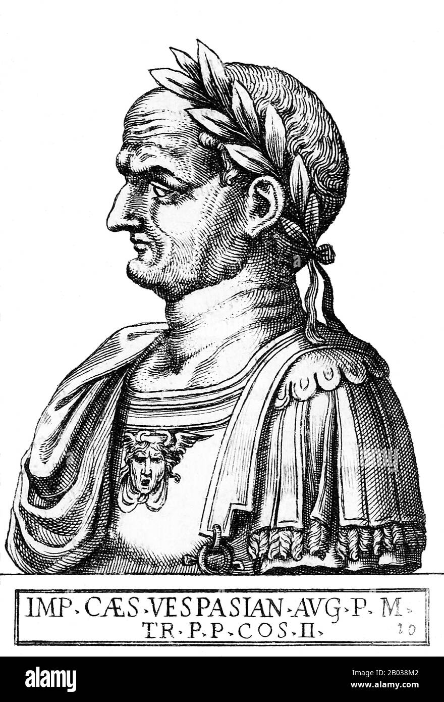D'une famille équestre qui s'est élevée au rang de sénatrice sous la dyansty Julio-Claudian, Vespasianus - comme on l'appelait alors - a gagné beaucoup de renommée par son record militaire. Il a d'abord servi pendant l'invasion romaine de la Grande-Bretagne en 43 ce, et a ensuite été envoyé par l'empereur Nero pour conquérir la Judée en 66 ce, pendant la rébellion juive. Lors de son siège de Jérusalem, des nouvelles lui sont parvenues du suicide de Nero et de la guerre civile tumultueuse qui s'est produite par la suite, connue sous le nom d'année des Quatre Empereurs. Lorsque Vitellius est devenu le troisième empereur en avril 69, les légions romaines d'Egypte et de Judée ont déclaré Vep Banque D'Images