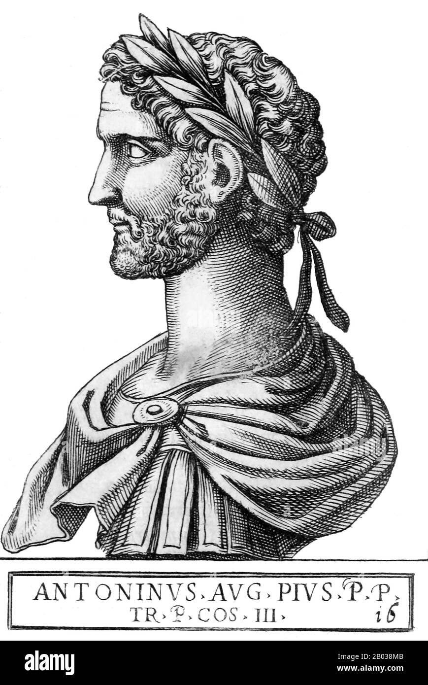 Antoninus (86-161) est né en 86 au Consul Tite Aurelius Fulvus, et se développerait pour devenir ami et allié à l'empereur Hadrien, qui l'adopta comme fils et héritier en 138. A son tour, Hadrien a fait d'Antoninus adopter les futurs empereurs Marcus Aurelius et Lucius Verus comme ses successeurs Antoninus s'est monté à l'empereur la même année de son adoption, acquérant le nom de Pie après avoir convaincu le Sénat d'accorder des honneurs divins Hadrien. Il a apporté quelques changements initiaux aux arrangements et politiques d'Hadrien, et il a supervisé un règne non militaire et surtout pacifique, le plus pacifique de l'histoire du principal. Il Banque D'Images