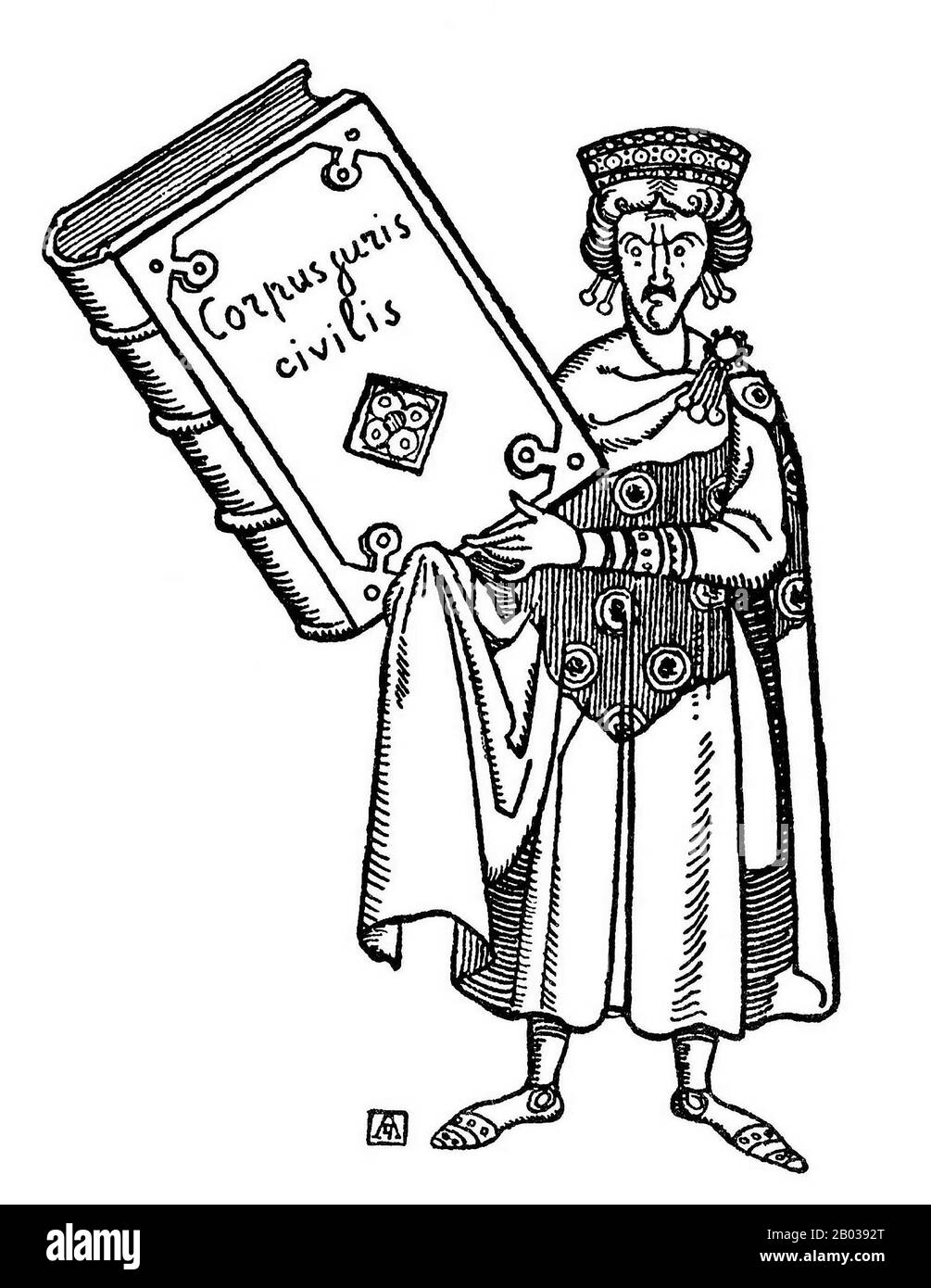Justinien I (482-565), aussi connu sous le nom de Justinien le Grand ou Saint Justinien le Grand, était le neveu de l'empereur Justin I, né à l'origine d'une famille paysanne à Taureseum. Justin, avant de devenir empereur, a adopté Justinien et l'a élevé à Constantinople. Justinien a servi dans la Garde impériale, les Excubitors, comme son oncle l'avait fait, et a été fait empereur associé en 527 avant de devenir unique empereur quand Justin est mort dans la même année. Justinien était ambitieux et intelligent, et a cherché à raviver la grandeur de l'empire, en planifiant la reconquête de la moitié occidentale de l'Empire romain dans ce qui était Banque D'Images