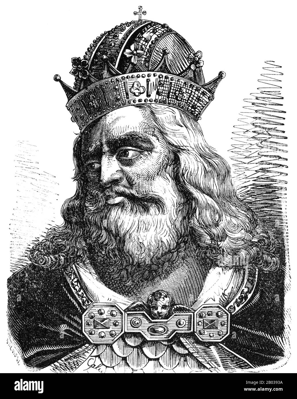 Charlemagne (742/747/748-814), aussi connu sous le nom de Charles le Grand ou Charles I était l'enfant aîné du roi des Francs, Pepin le Short. Il prit le trône de Frankish après la mort de son père en 768, au départ en co-régnant avec son frère Carloman I, mort en 771, laissant Charlemagne comme dirigeant incontesté des francs. Charlemagne s'est considéré comme un protecteur de la papauté, et a envahi le nord de l'Italie pour enlever les Lombards du pouvoir, devenant roi d'Italie en 774. Il a également mené des incursions en Espagne musulmane et a fait campagne contre les Saxons de l'est, les Christianiser sur peine de mort Banque D'Images
