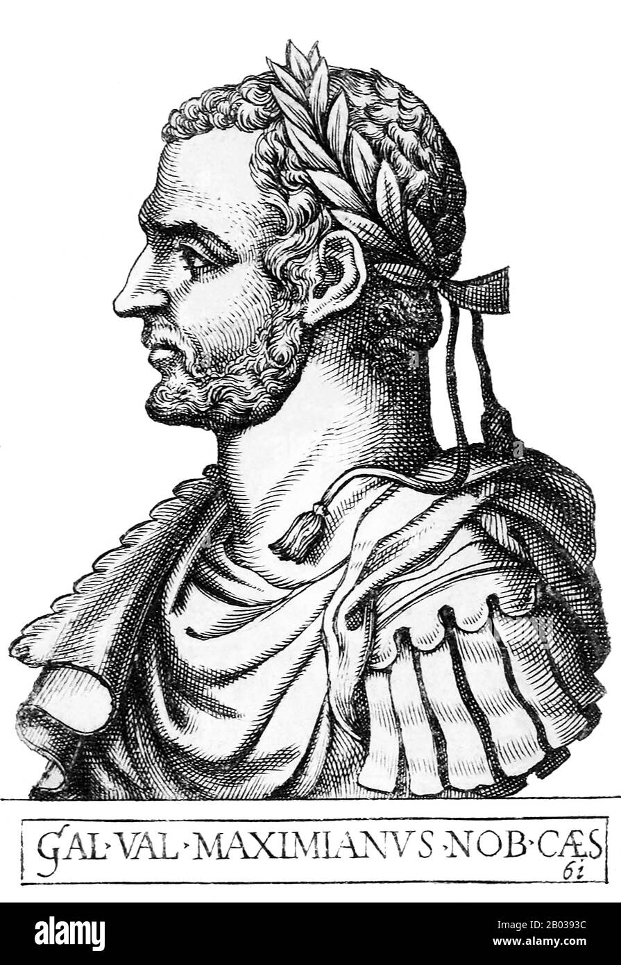 Galerius (260-311) est né à Serdica et a été initialement un herdsman comme son père, avant de se joindre à l'armée romaine, où il a servi avec distinction sous Emperors Aurelian et Probus. Lorsque la Tetraarchie fut établie en 293, il fut nommé comme l'un des co-empereurs juniors aux côtés de Constantius, épousant la fille de l'empereur Dioclétien Valeria. Galerius s'est battu aux côtés de son beau-père contre l'empire Sassanid, qui a finalement conduit à son piratage de la capitale Ctesiphon et à sa capture de la femme et des enfants du roi Sassanid Narseh, avec laquelle il a pu négocier Banque D'Images