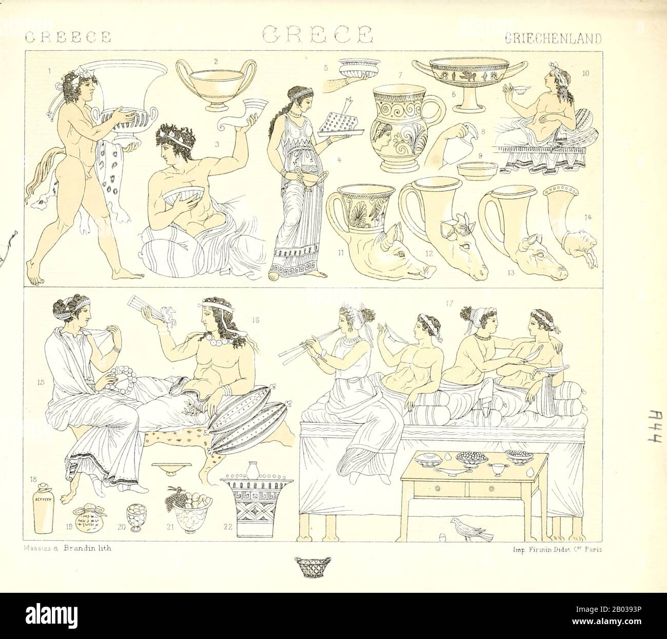 Ancienne Grèce mode et accessoires de Geschichte des kostüms dans chronologicher entwicklung (Histoire du costume dans le développement chronologique) par Racinet, A. (Auguste), 1825-1893. Et Rosenberg, Adolf, 1850-1906, Volume 1 imprimé à Berlin en 1888 Banque D'Images