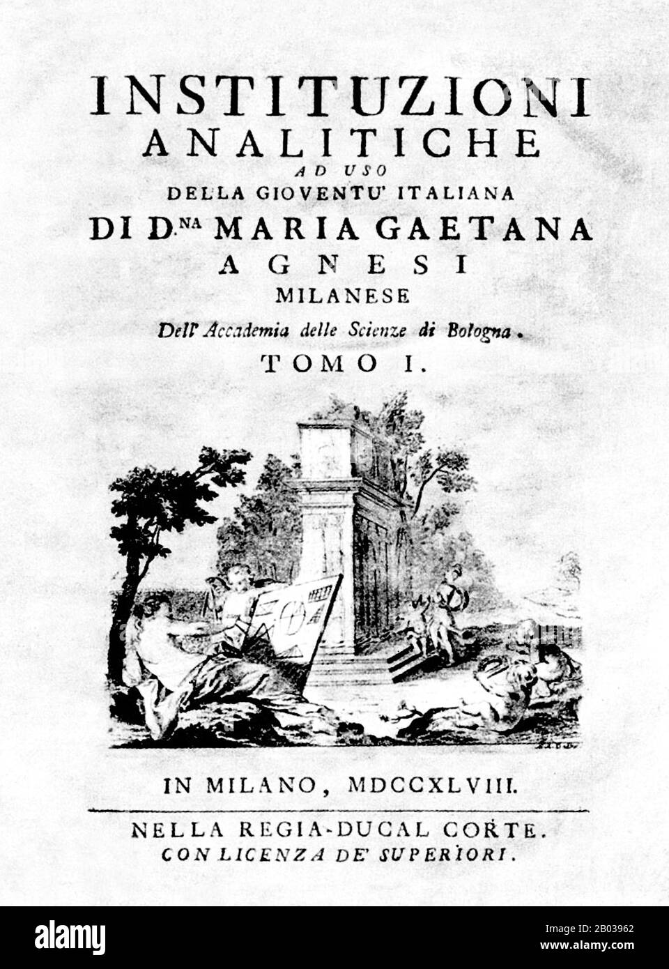 Maria Gaetana Agnesi (16 mai 1718 – 9 janvier 1799) était une mathématicienne, philosophe, théologienne et humanitaire italienne. Elle a été la première femme à rédiger un manuel de mathématiques et la première femme nommée professeur de mathématiques à une université. Le résultat le plus précieux de ses travaux est l'Instituzioni analitiche ad uso della gioventù italiana, (institutions analytiques pour L'Utilisation de la jeunesse italienne) qui a été publié à Milan en 1748. Le but de ce travail était, selon Agnesi elle-même, de donner une illustration systématique des différents résultats et théorèmes de CA infinitésimal Banque D'Images