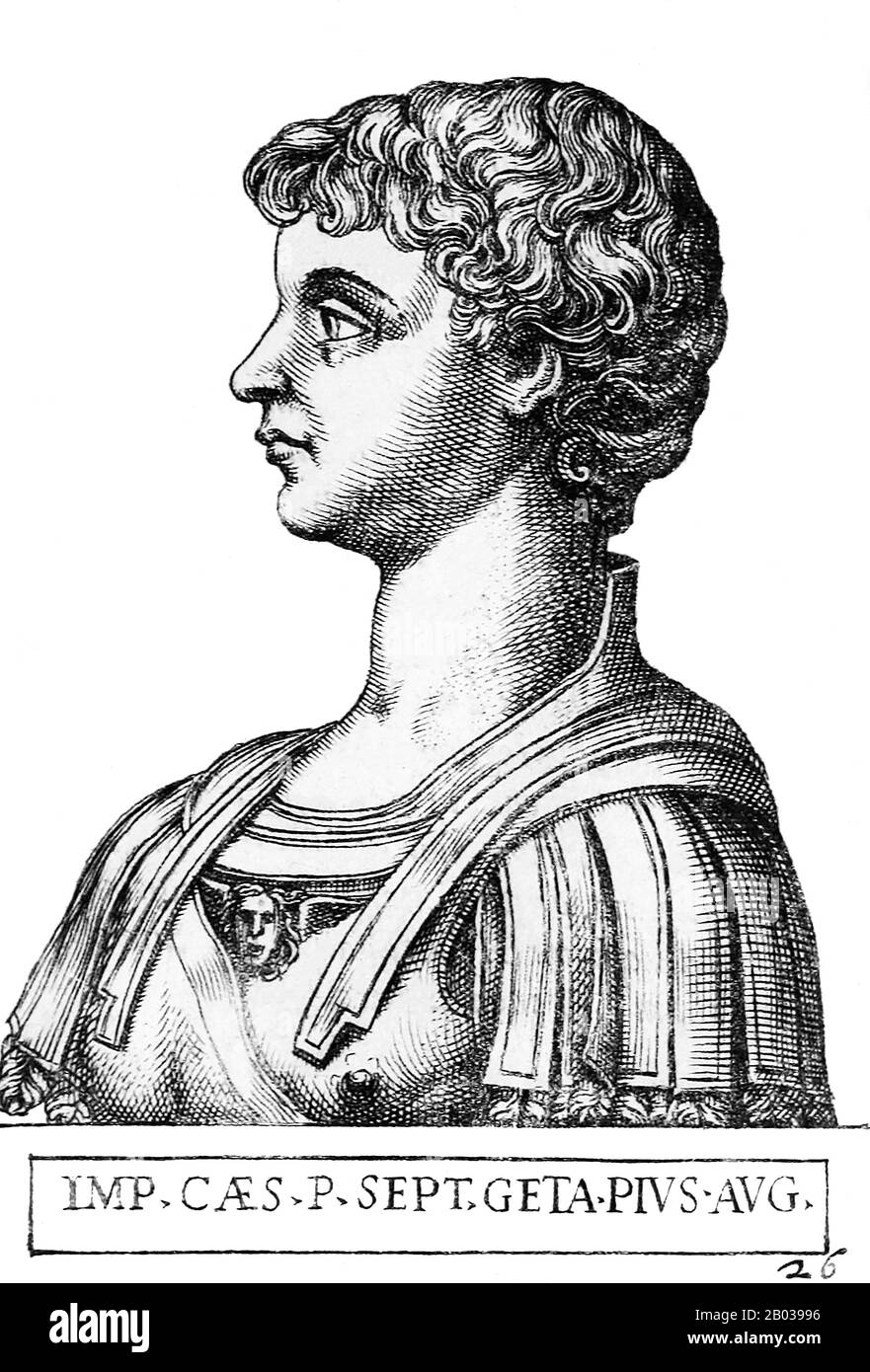 Geta (189-211 ce) était le fils plus jeune de l'empereur Sptimius Severus, né à Rome sous le règne de l'empereur Commodus. Geta se battait souvent avec son frère aîné, Caracalla, et nécessiterait la médiation de sa mère Julia Domna. Septimius Severus a nommé Geta 'Augustus' en 209, faisant de lui un co-empereur aux côtés de Caracalla, qui avait été nommé co-empereur il y a plus de 10 ans, en 198 ce. Septimius Severus est mort au début du 211 EC, avec Geta et Caracalla ont déclaré des empereurs conjoints et ordonné de retourner à Rome. Mais leur haine et leur rivalité les unes avec les autres n'ont pas abdié, et il y a même eu des discussions sur Spitt Banque D'Images