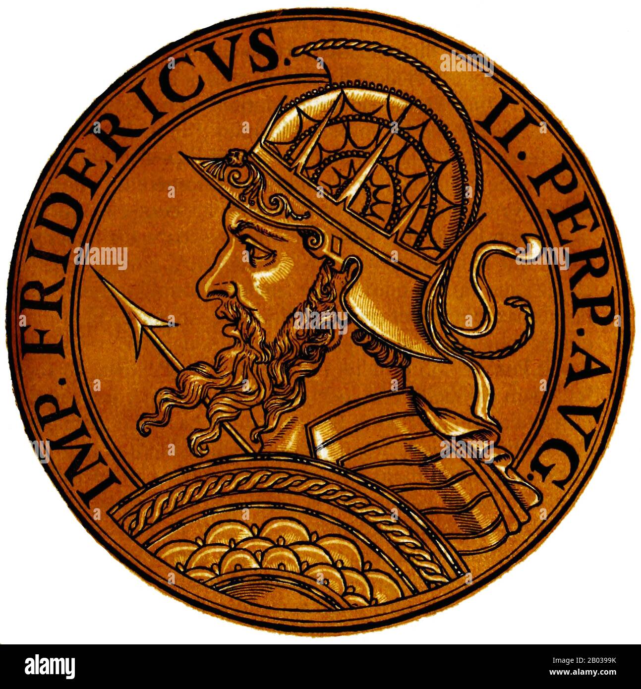 Frederick II (1194-1250) était le fils de l'empereur Henry VI, et n'était qu'un bébé lorsqu'il était couronné roi de Sicile par sa mère en 1198. Quand sa mère est décédée la même année, il a été donné au Pape Innocent III, qui est devenu son tuteur. Quand Frederick est arrivé en 1208, il a affirmé son pouvoir sur la Sicile. L'empereur Otto IV envahit l'Italie en 1209, espérant conquérir la Sicile et amener Frederick au talon, mais en 1211, Frederick a été élu par contumace comme roi d'Allemagne par divers princes impériaux nourris avec le règne d'Otto. Frederick est entré en Allemagne avec une petite armée et a été officiellement couronné roi d'Allemagne en Banque D'Images